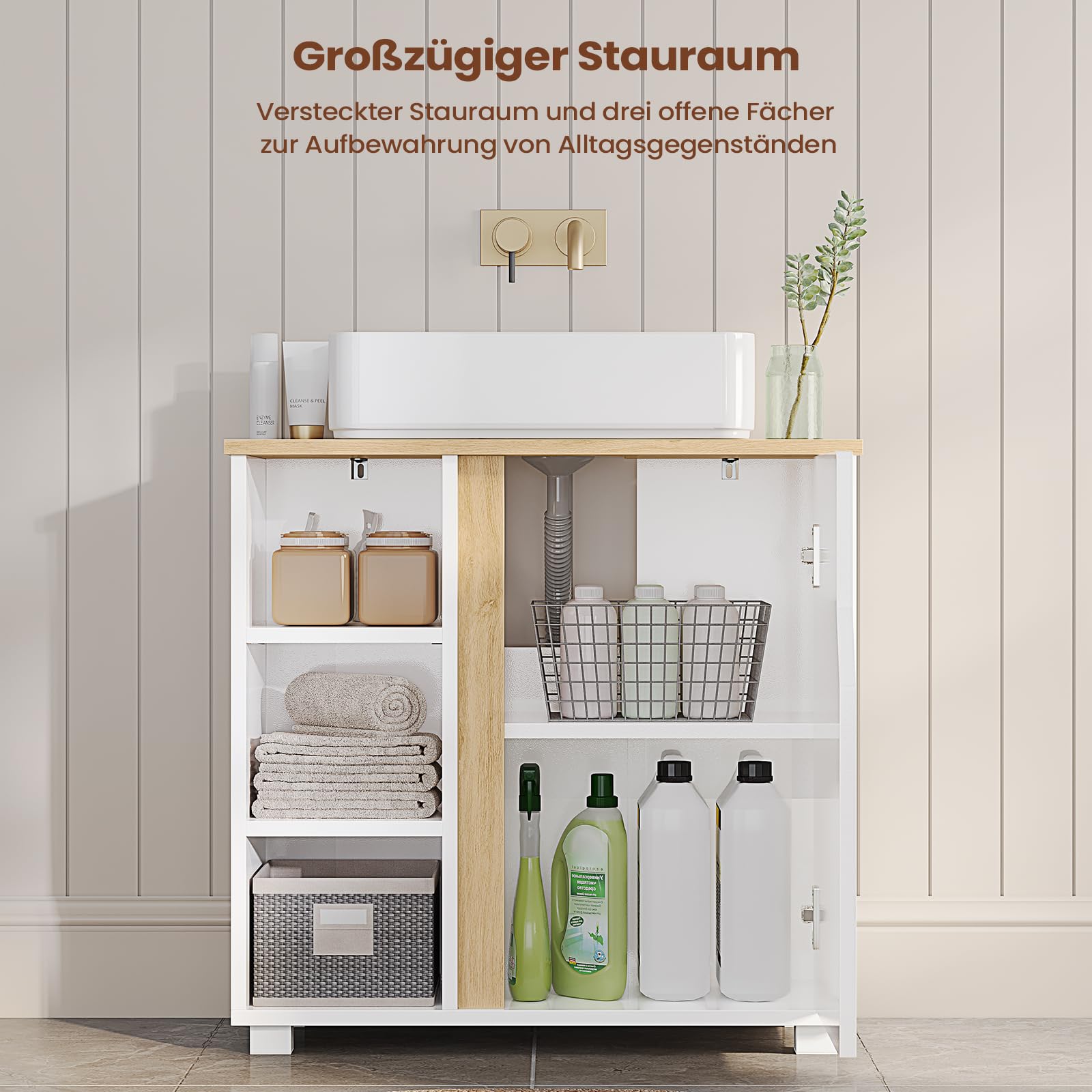 Waschbeckenunterschrank, Badezimmerschrank mit 3 offene Fächer & Höhenverstellbare Ablagen, Badezimmer-Unterschrank mit Füßen, Freistehend Badschrank Unterschrank, weiß, 60 x 30 x 60 cm