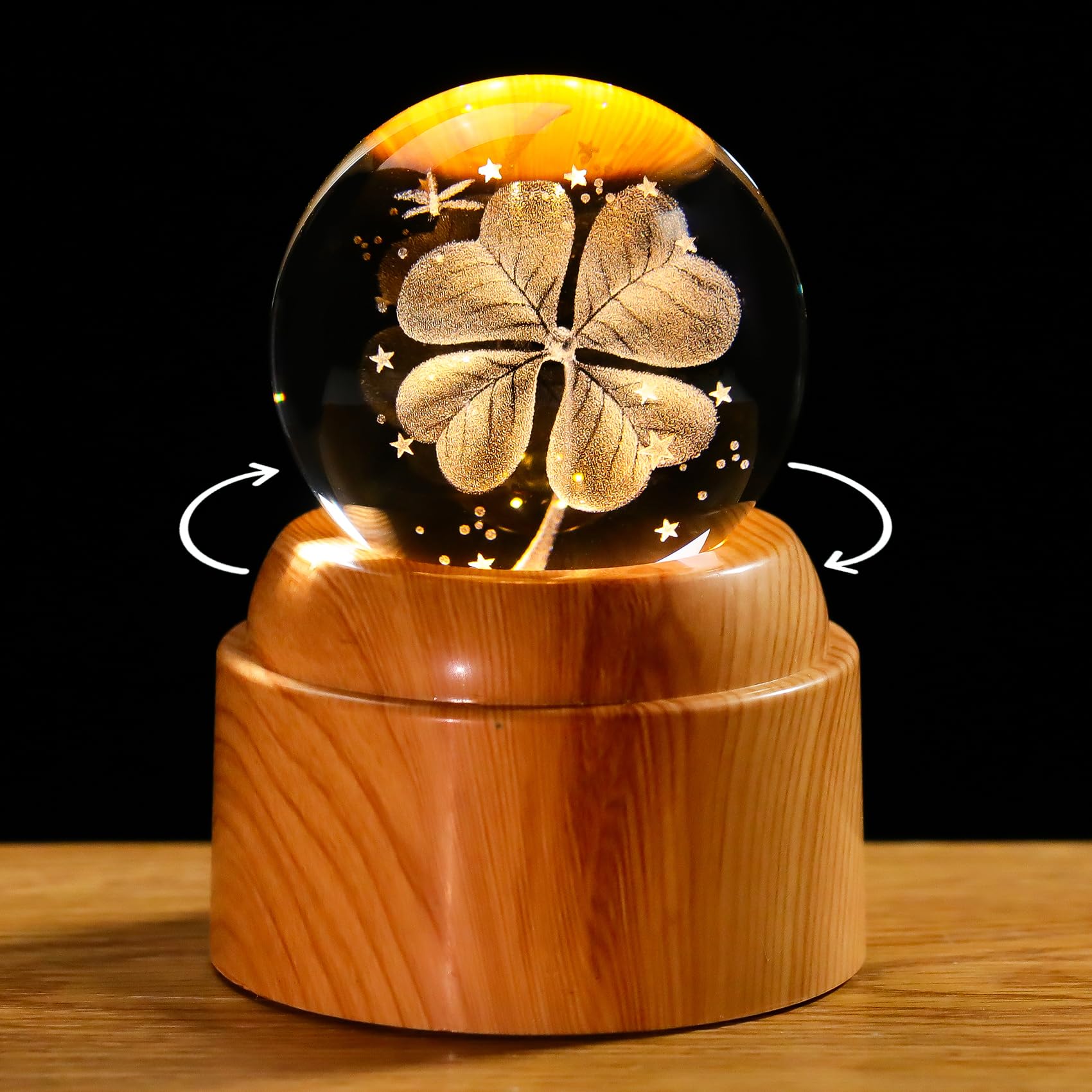 Figurines de trèfle à quatre feuilles en cristal 3D Arikyrist 6 cm et socle LED
