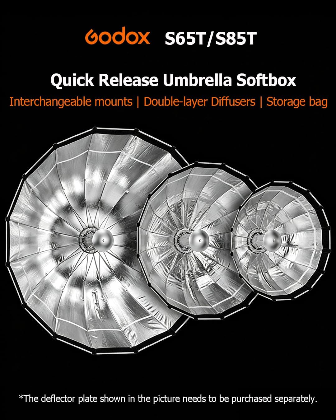 Godox S65T Softbox 65cm Quick Release Umbrella Softbox, Bowens Mount Lighting Soft Box, Portable Foldable Softbox with Double Diffusers for Portrait, Live Stream Studio Photography, Monolight Flash