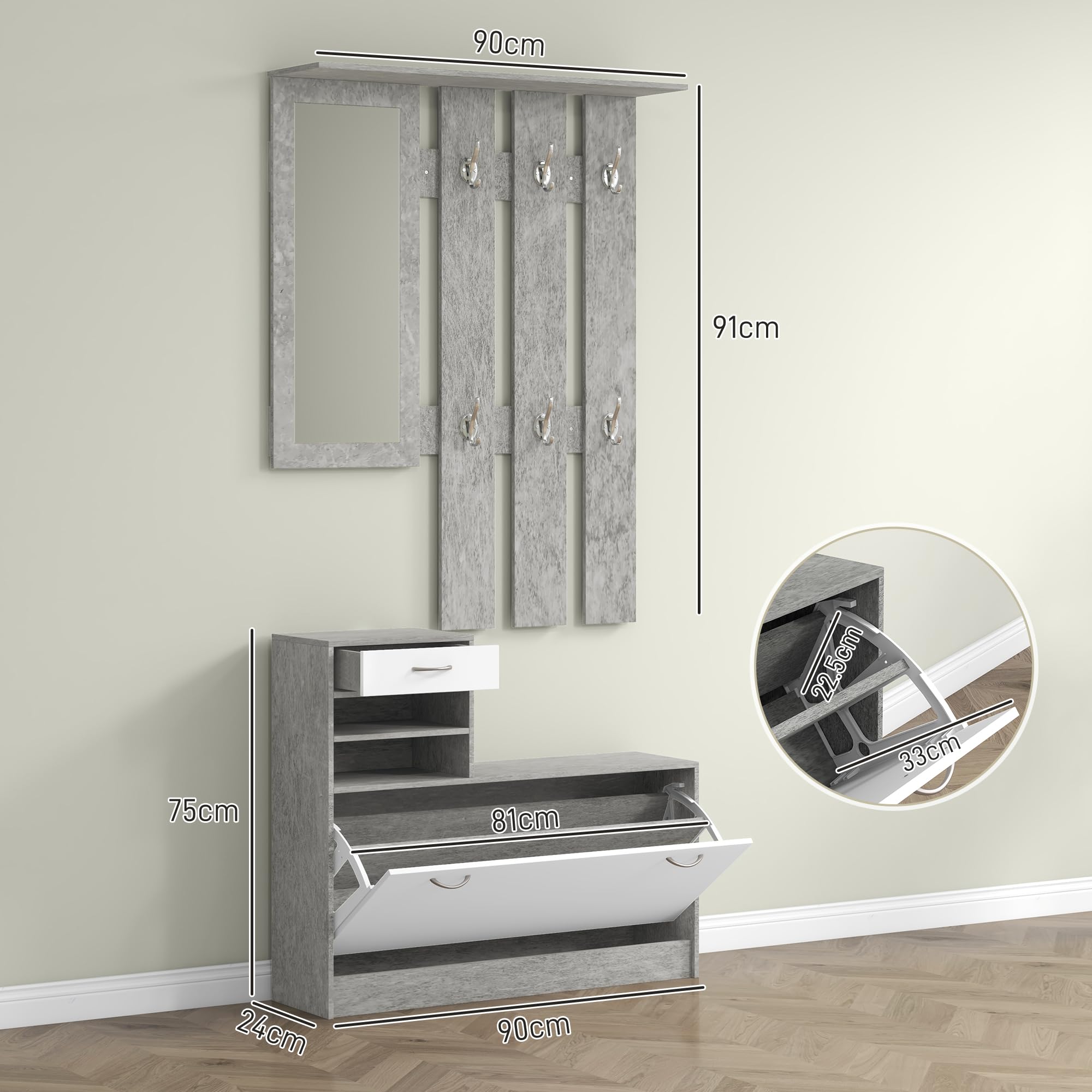HOMCOM Set Mobili Ingresso Moderno con Scarpiera e Specchio, Appendiabiti da Ingresso con 6 Ganci, 2 Ripiani Regolabili e Cassetti in Legno per Corridoio, Bianco e Grigio Chiaro