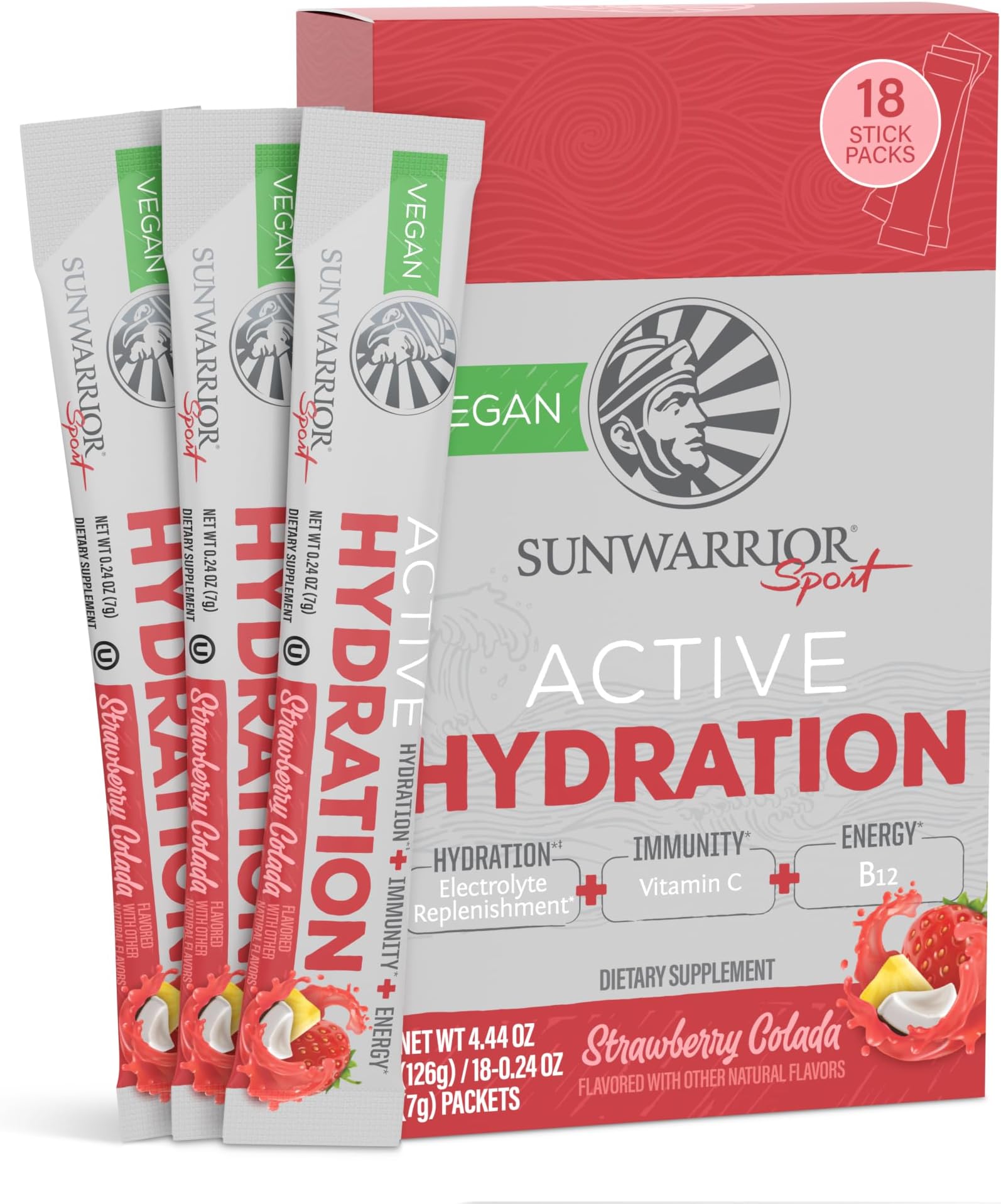 Sunwarrior Hydration Powder Electrolyte Packets Powder | Strawberry Colada Flavored | 18 Stick Packs 126g Pouch | Vegan and Plant-Based Sugar Free | B12 Elderberry and Electrolytes | Active Hydration