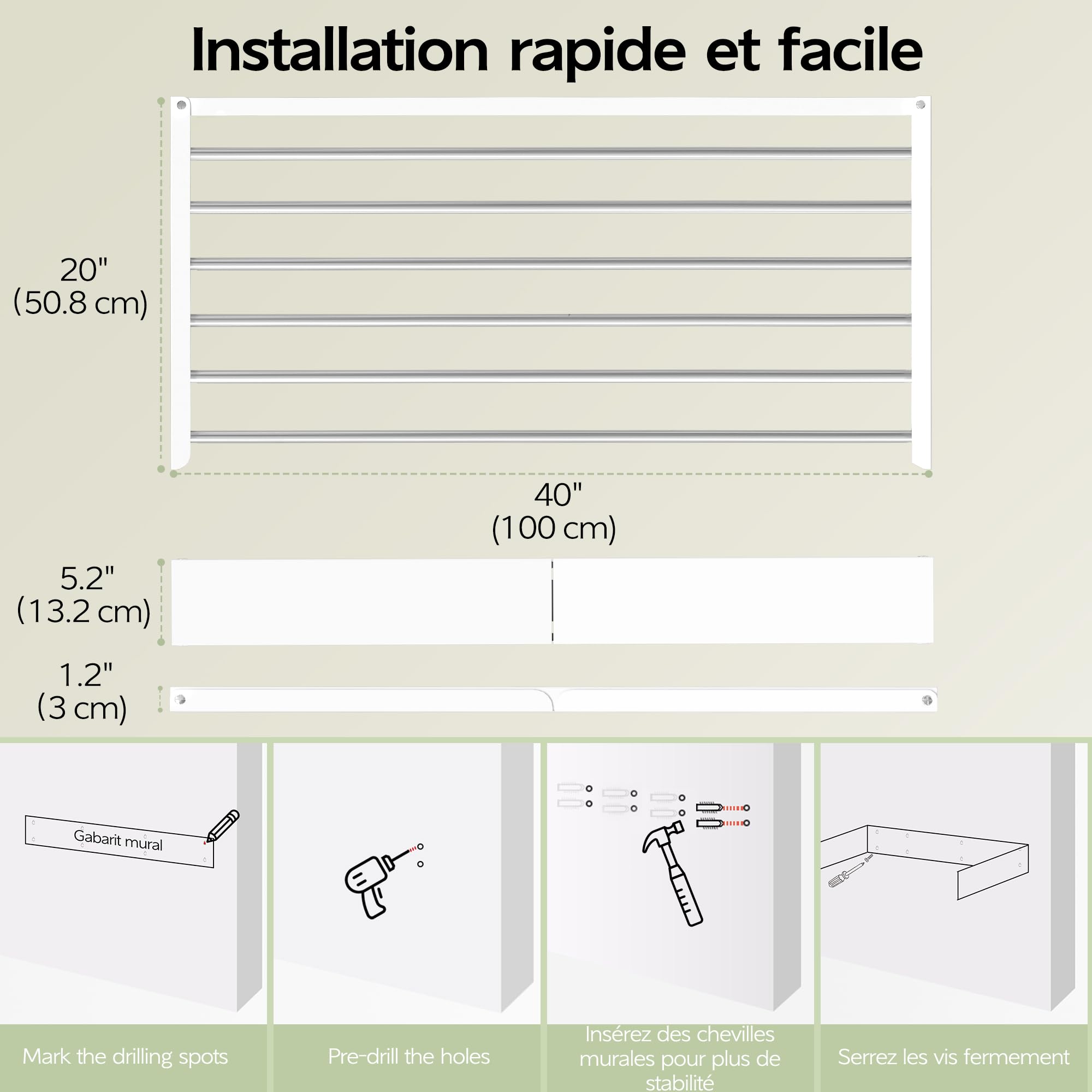 Vikaqi Étendoir à Linge Mural 100 cm, Séchoir Mural Pliable pour Intérieur, Séchoir à Linge Rabattable, Porte-Serviettes avec Gabarit de Perçage, 6 Barres, Blanc