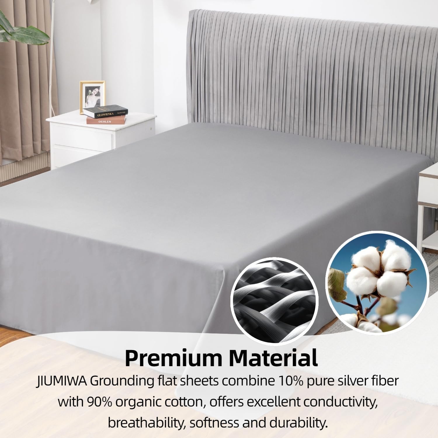 Grounding Sheets Queen Size with 15' Grounded Cord 90% Organic Cotton & 10% Pure Silver Fiber Grounding Flat Sheet Conductive Earthing Sheets Earth Connected Bedding, Gray