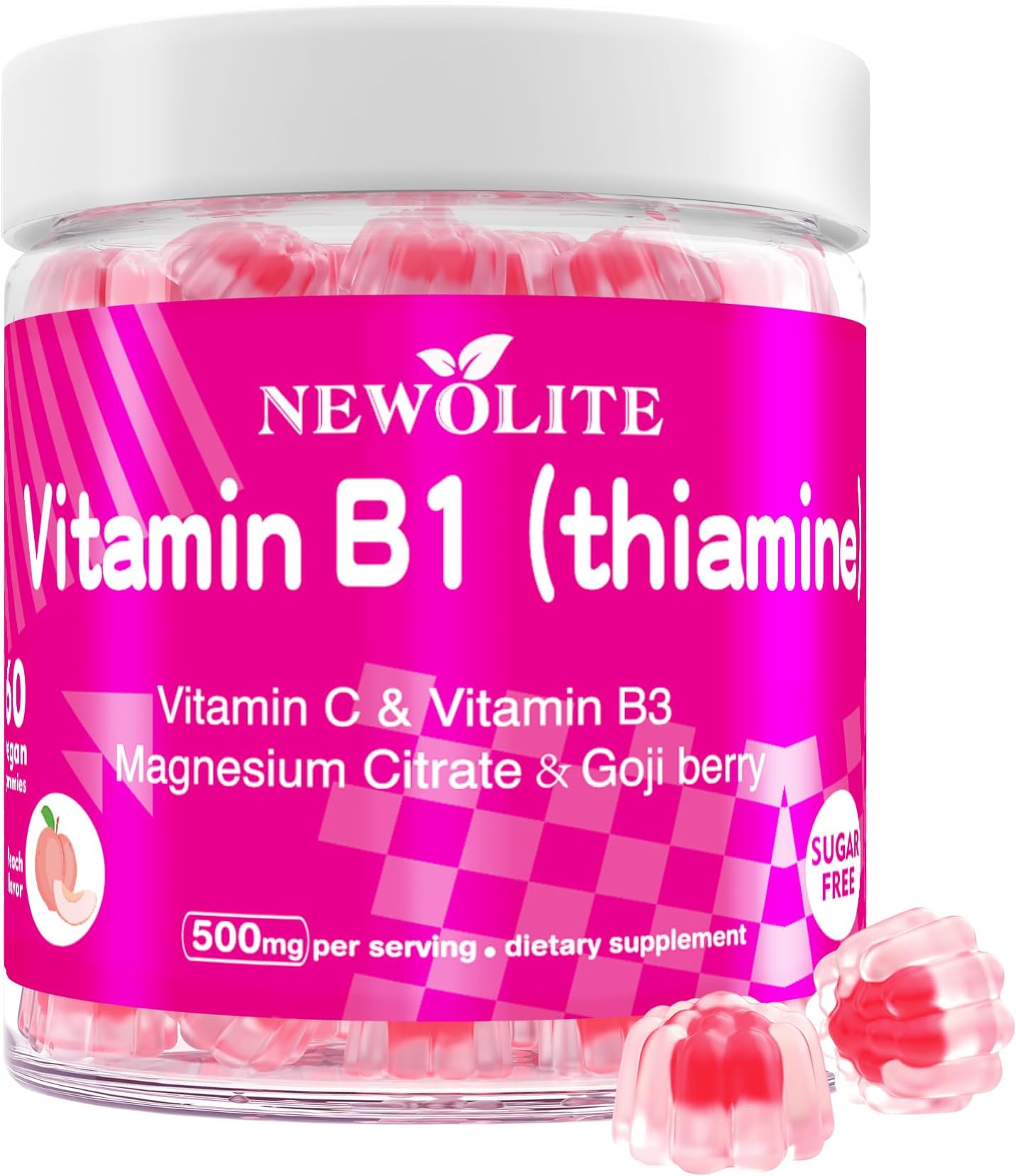 Vitamin B1 Gummies Chewable Thiamine 500mg & Vitamin B3 & Vitamin C,Sugar Free - Non GMO,Vegan,Natural Peach Flavor - Thiamine B1 Supplement for Adults & Kids