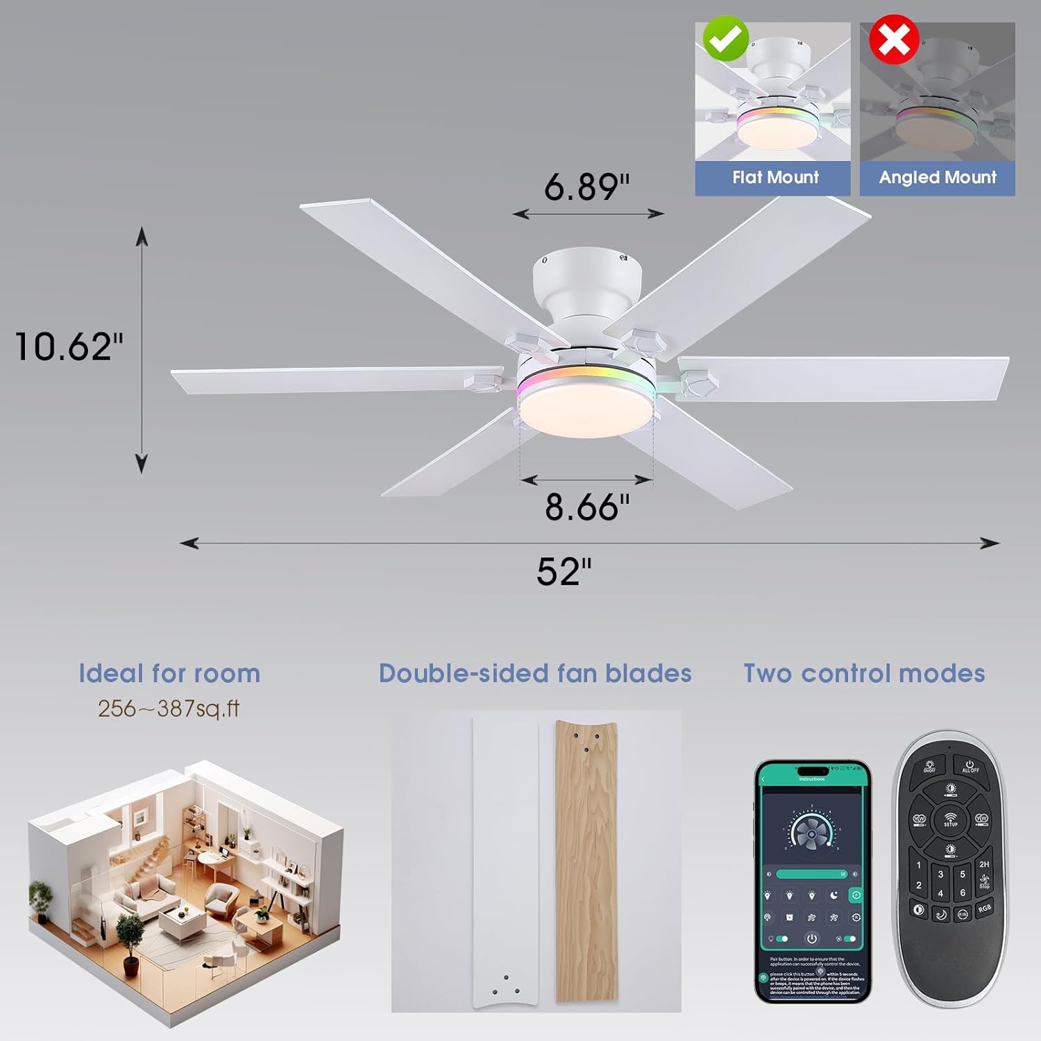 52" rgb ceiling fans with lights and remote,white low profile ceiling fans with quiet reversible dc motor, modern flush mount fans light for kids room bedroom
