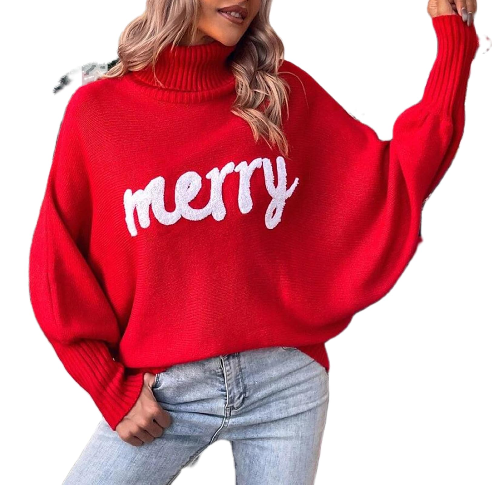 BHMAWSRT Womens Merry Christmas Sweater Longsleeves Turtleneck Knitted Sweatshirts Christmas Festival Pullover Sweater