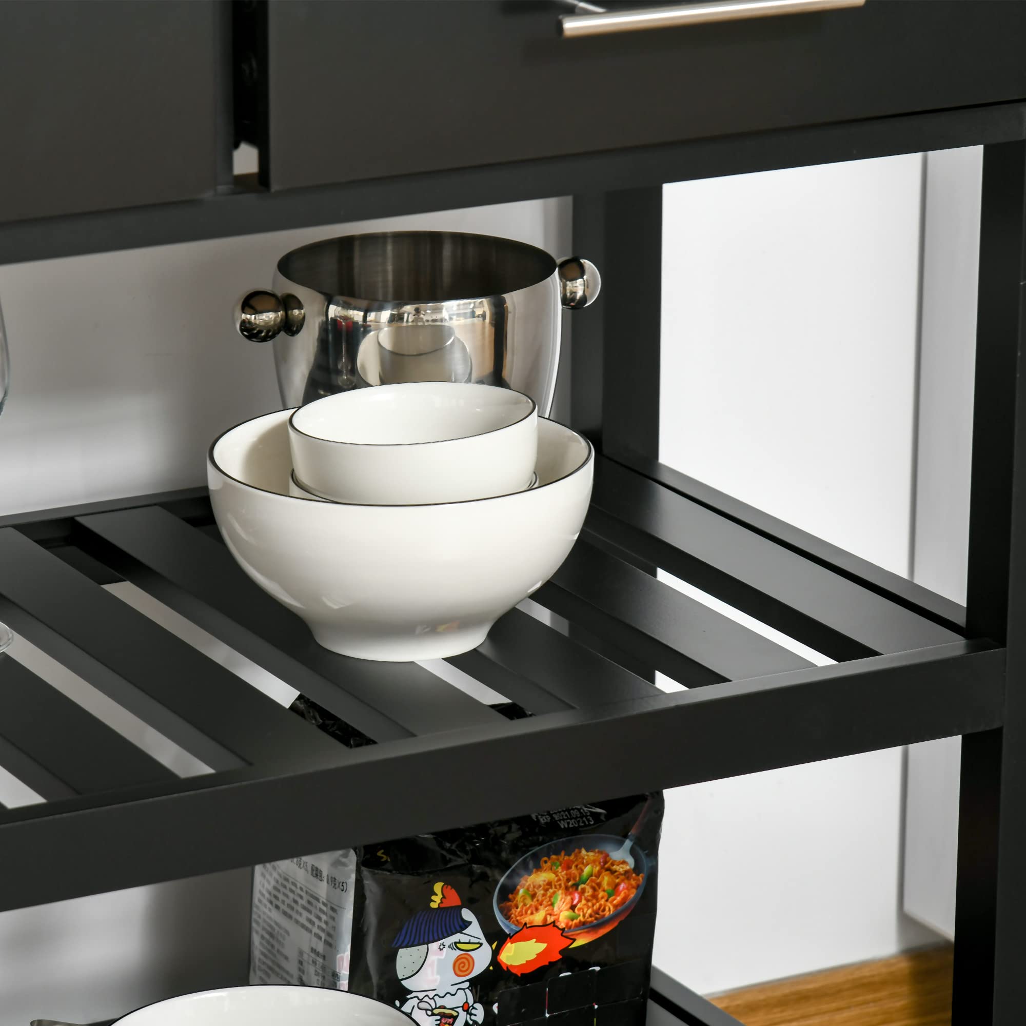 HOMCOM Chariot de Service desserte de Cuisine à roulettes 2 étagères 2 tiroirs Noir Bois Naturel