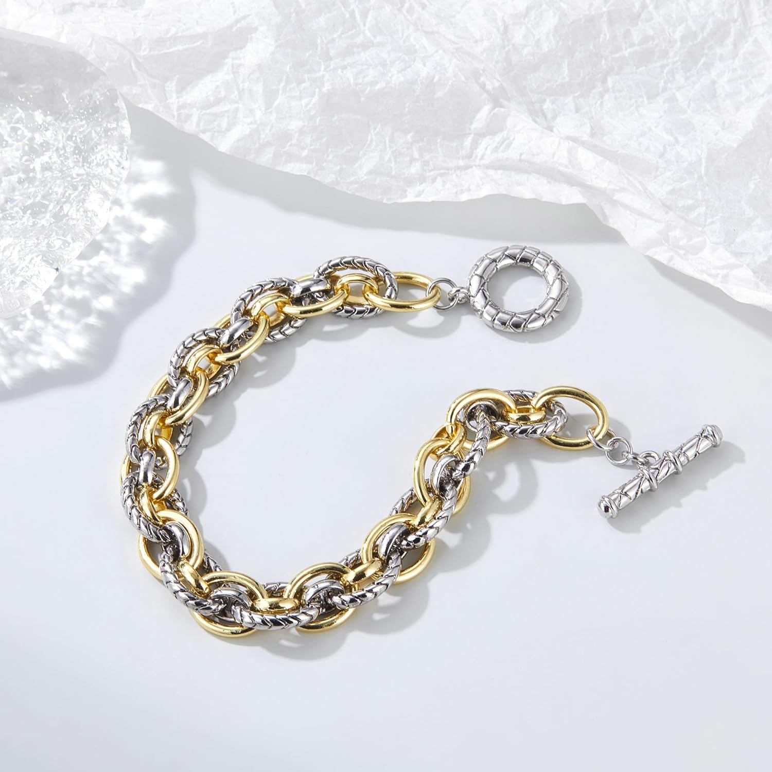 Mytys Link Bracelet for Women Gold and Silver 2 tone Circles Chain Wire Bangle Bracelets - Image 5