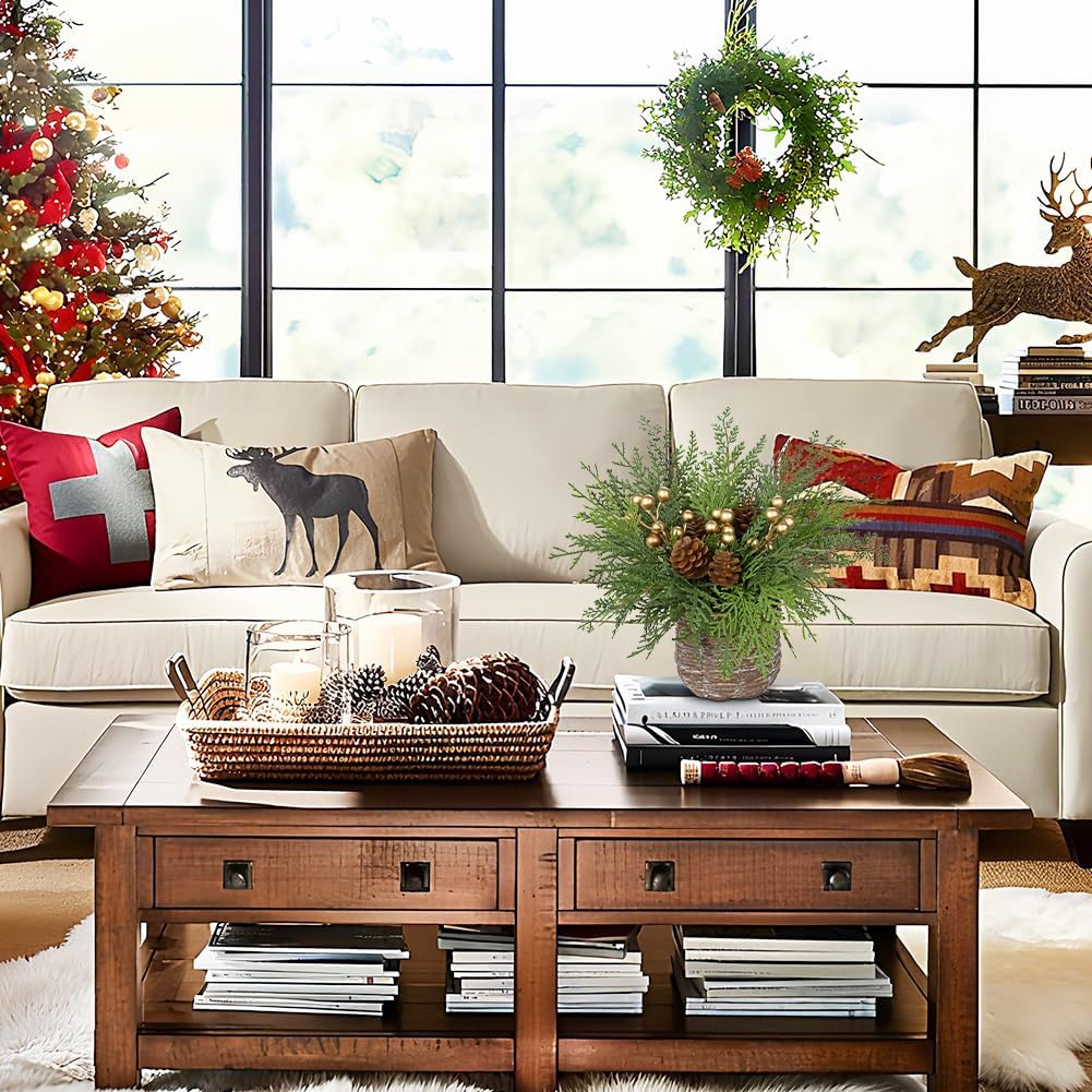 Artificial Potted Christmas TableTop Centerpiece - 12.9" Faux Norfolk Pine Plants with Pinecones & Gold Berry in Woven Wooden Pot Xmas Decorations for Home Table Winter Mantel Farmhouse Indoor Decor