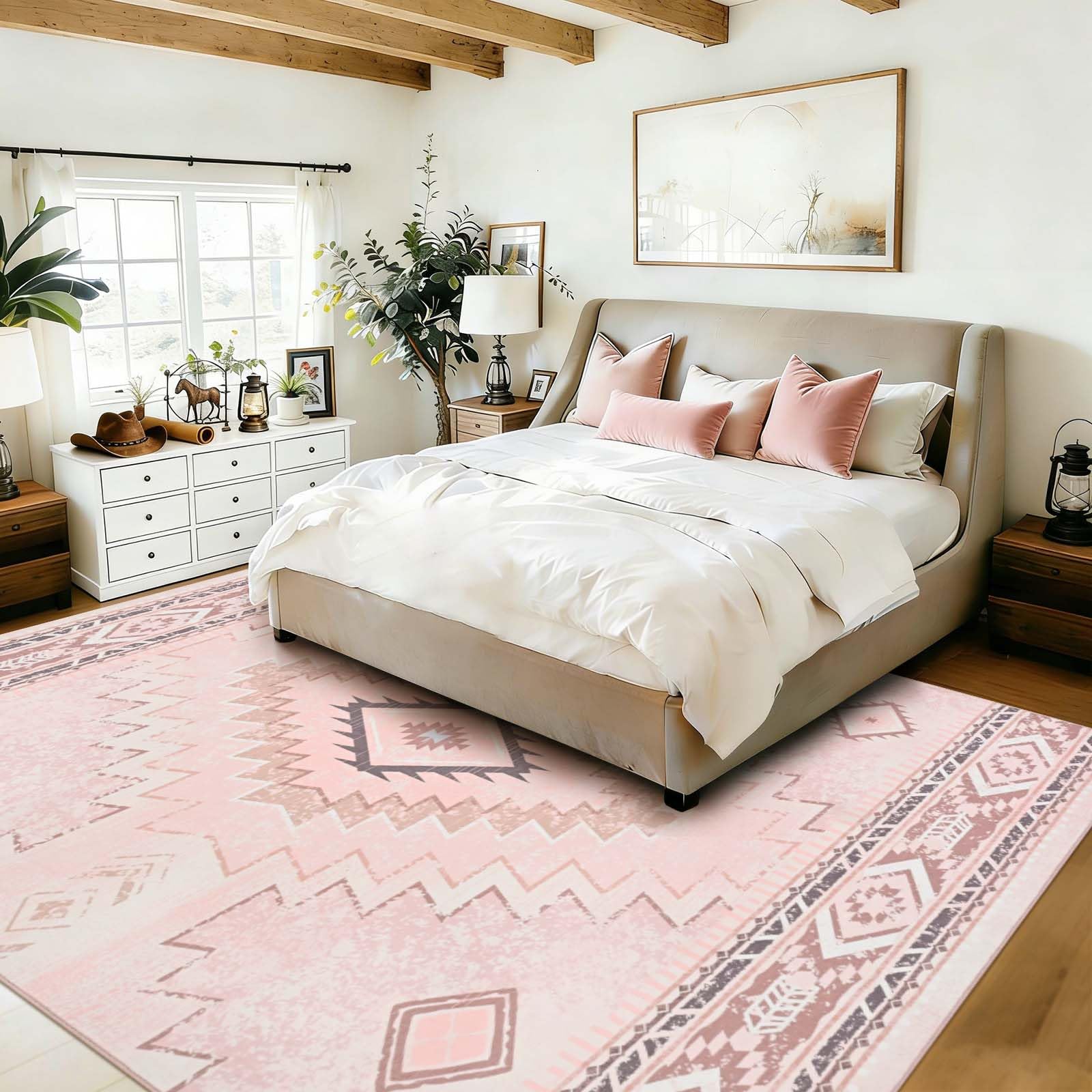 Alishomtll Teppich Läufer, Vintage Geometrisch Teppich Rosa 160x230 cm | Rutschfest Kurzflor Küchenteppich, Weich Waschbar Flurläufer für Wohnzimmer Schlafzimmer Arbeitszimmer Küche Eingang