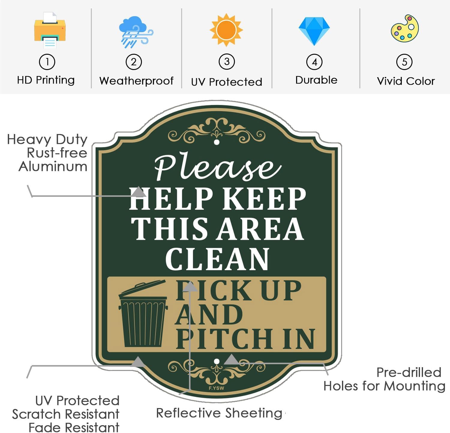 Letrero con texto en inglés "Please Help Keep This Area Clean Pick Up And Pitch In" de 12 x 10 pulgadas con estaca de metal de 35 pulgadas de largo con soporte de aluminio para uso al aire libre