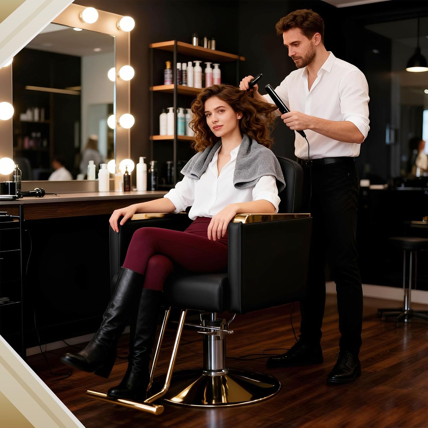 Salon Chair for Hair Stylist, Heavy Duty Hydraulic Styling Chair with 360° Swivel, Adjustable Height Barber Chair for Women & Men, Beauty Salon Spa Equipment, Max Load 440 lbs-Gold