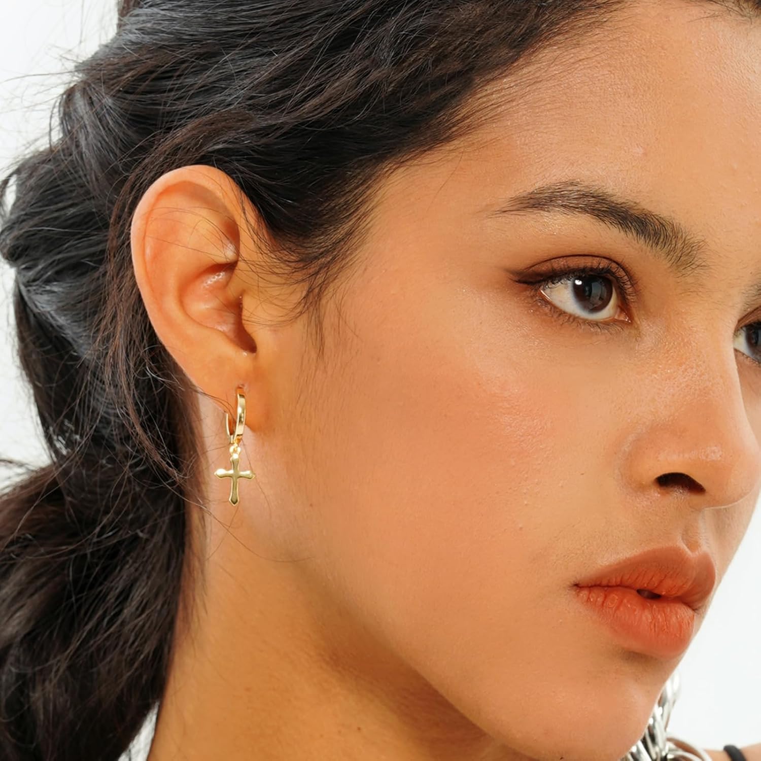 JINAO Cross Hoop Dangle Earrings 14K Gold Plated 5A+ Cubic Zirconia Cartilage Hypoallergenic Sterling Silver Cross Dangle Drop Earrings For Men Women - Image 5