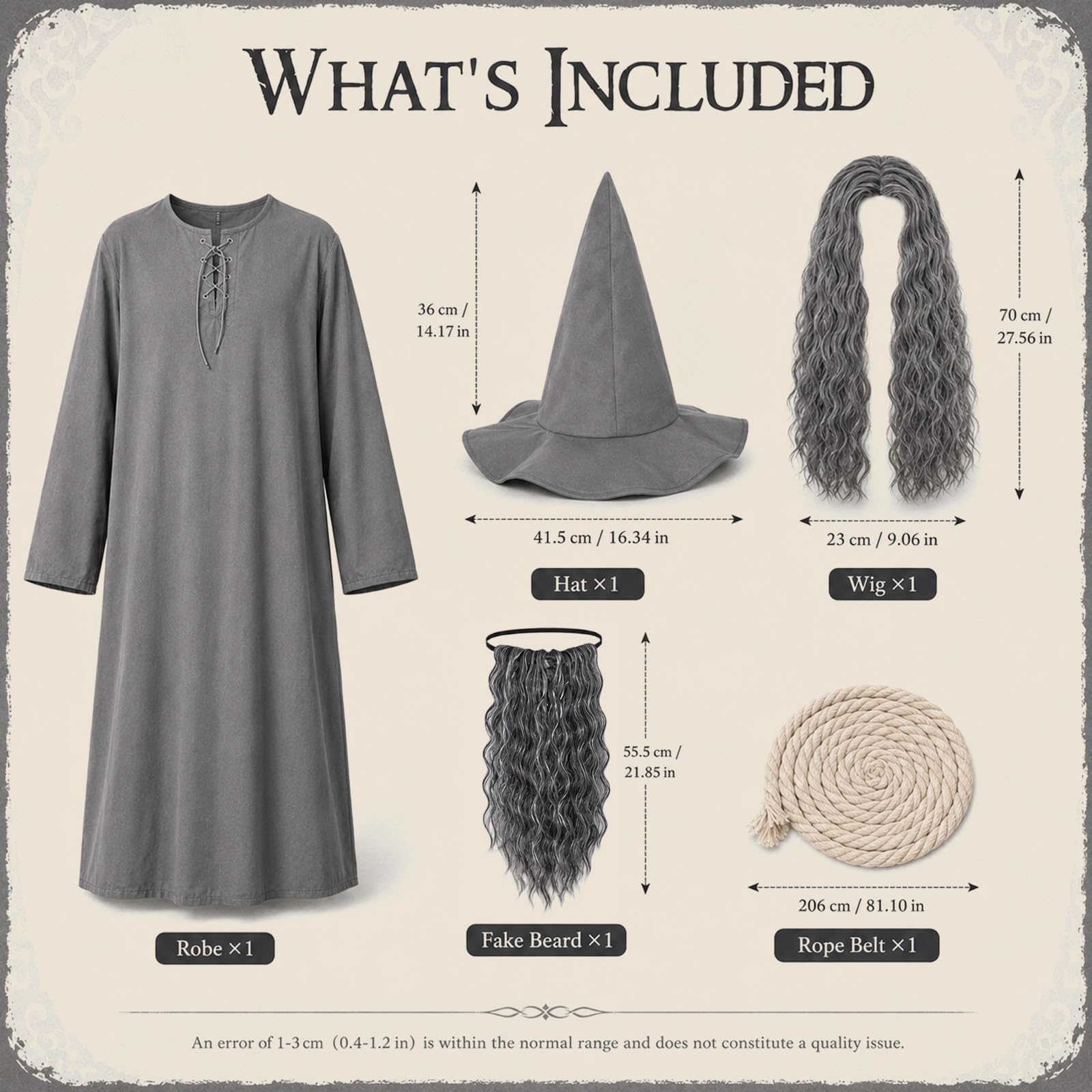 Costume da mago grigio, per adulti, per Halloween, 5 pezzi