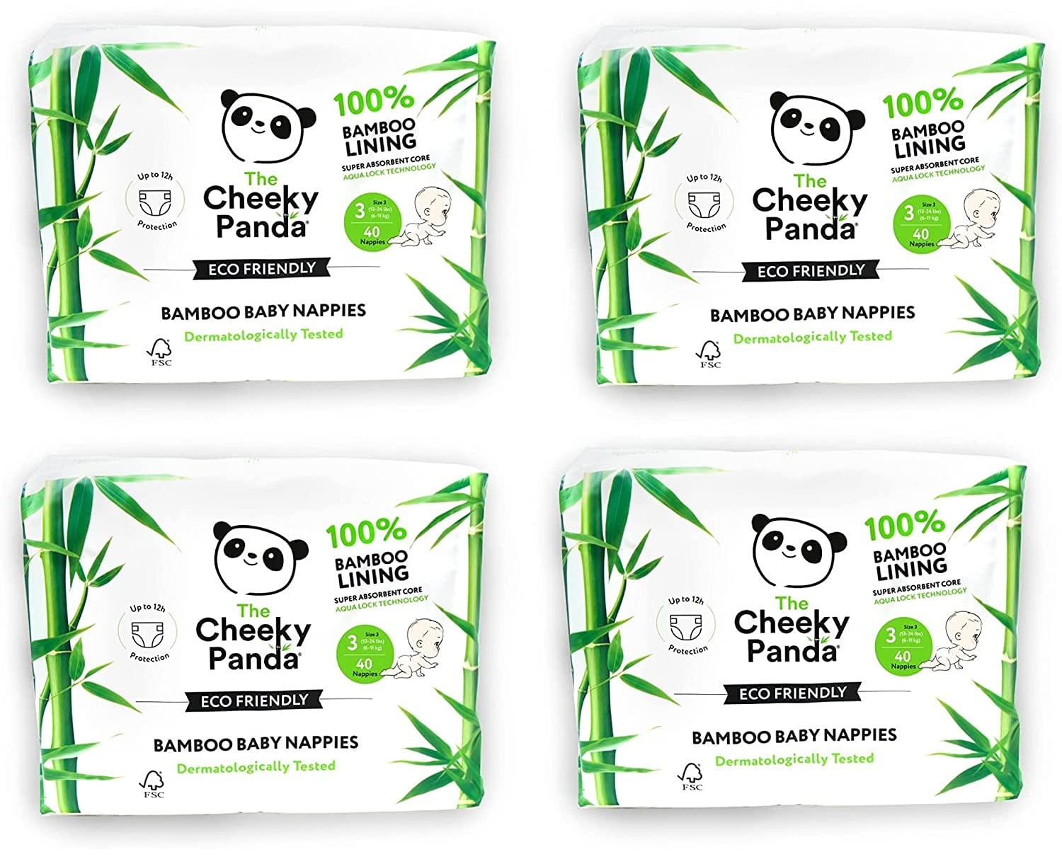 The Cheeky Panda – Bamboo Lined Nappies | Size 3, Bulk Box of 4 Packs (6-11Kg, 160 Nappies) | Super Absorbent Core, Up to 12h Protection, Eco-Friendly, Super Soft, Strong & Sustainable