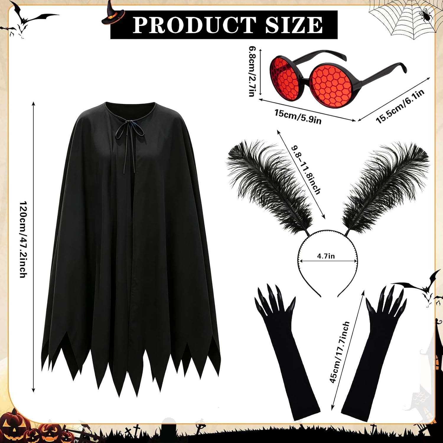 4Pcs Halloween Mothman Costume Accessories, Moth Man Cosplay Outfit Include Paw Gloves Red Glasses Cape and Feather Headband for Women Men Halloween Cosplay Dress Up Party