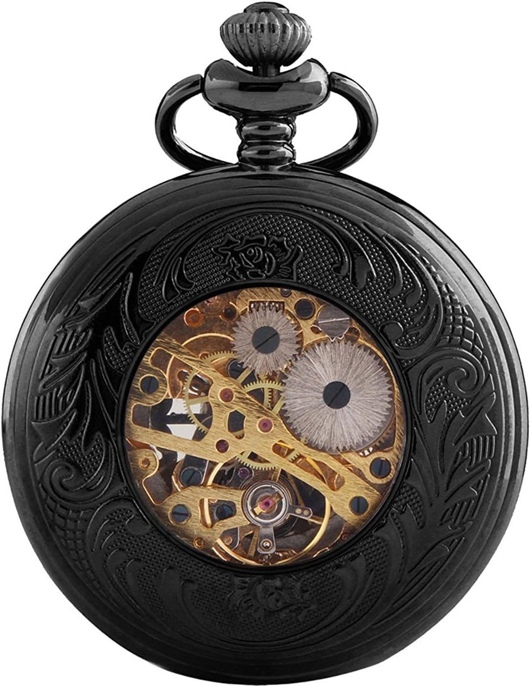Carrie Hughes Mens Vintage Black Baroque Skeleton Mechanical Pocket Watch with Chain in Box CHPW5B