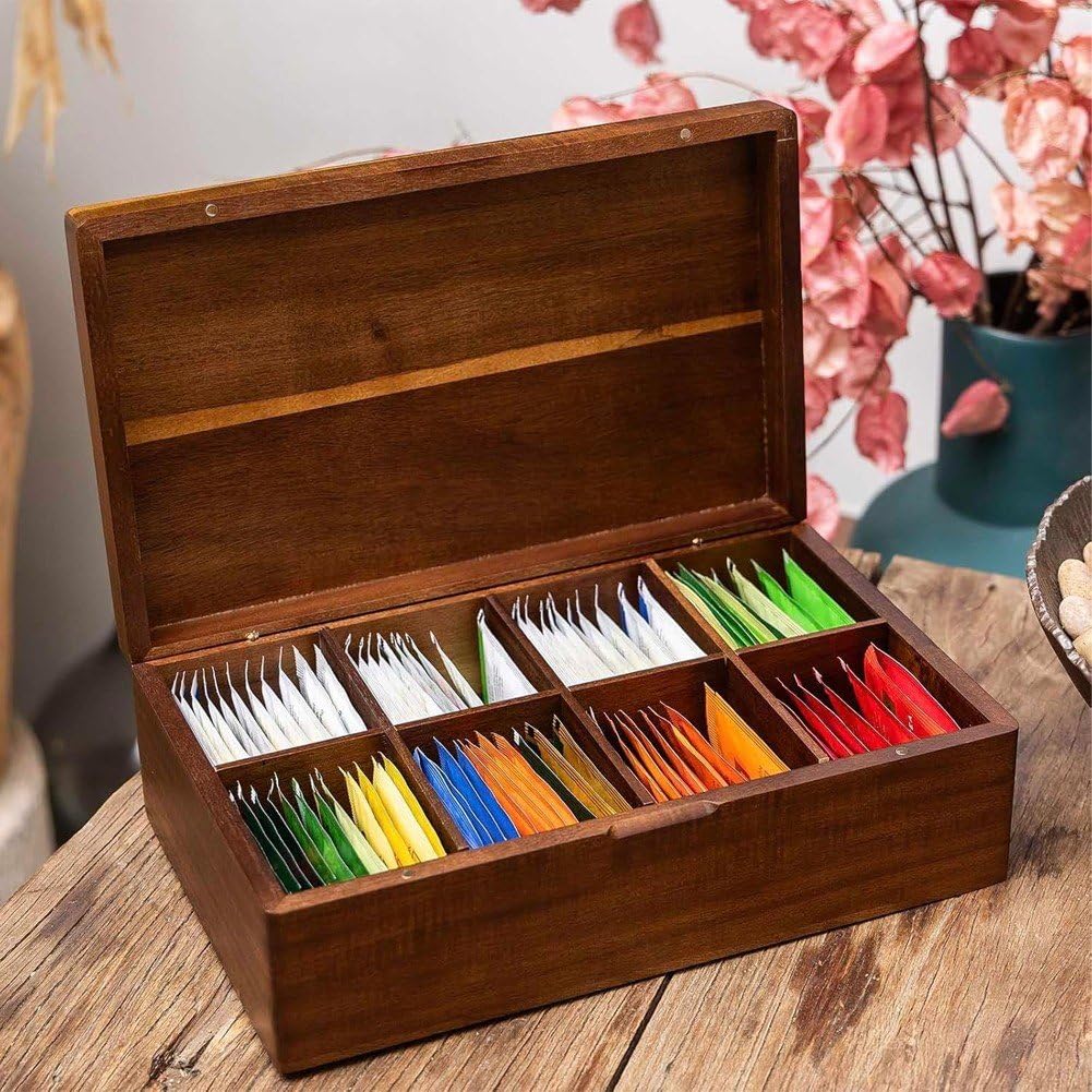 Caja De Madera para Té, 8 Rejillas, Multifuncional, con Tapa, para Guardar Bolsitas De Té, Organizador para Hogar, Armario, Cocina, Decoración