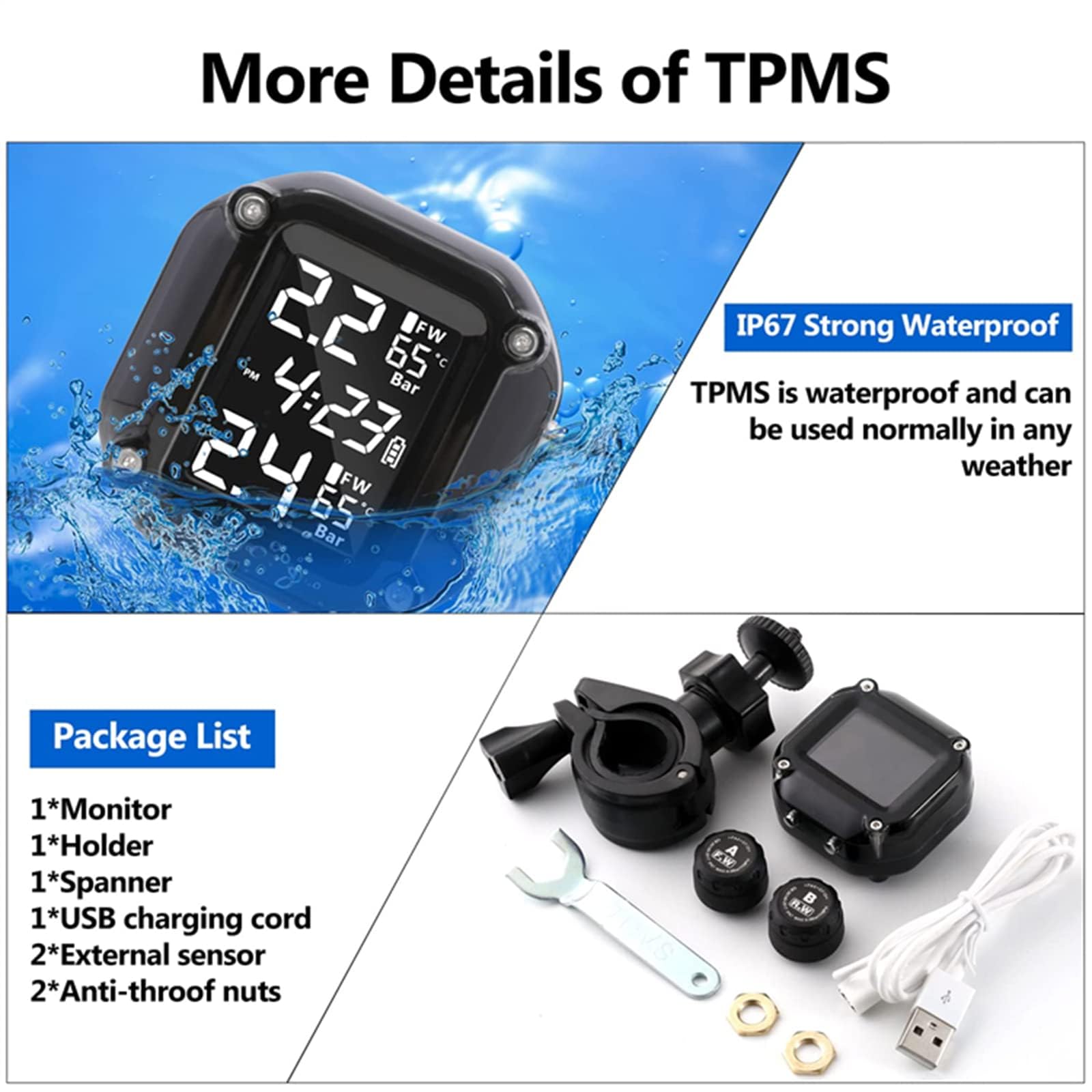 TPMS wireless per moto, 2 sensori esterni con display LCD, ricarica magnetica e allarme automatico per moto, e-bike e scooter