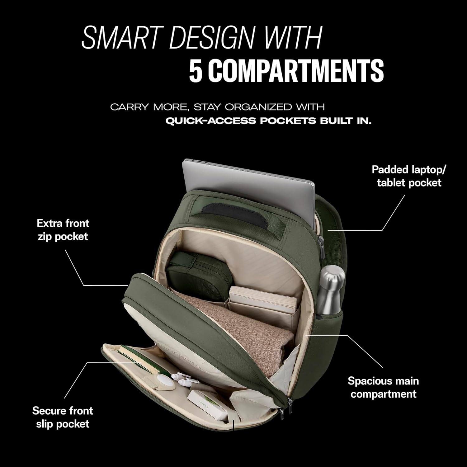 Samsonite Paralux Everyday Backpack - Laptop & Tablet Backpack with 5 Compartments, Removable TecKit™ Pouch, Microsuede Trim, Water Bottle Pockets - Work, Commute & Travel Bag - Olive