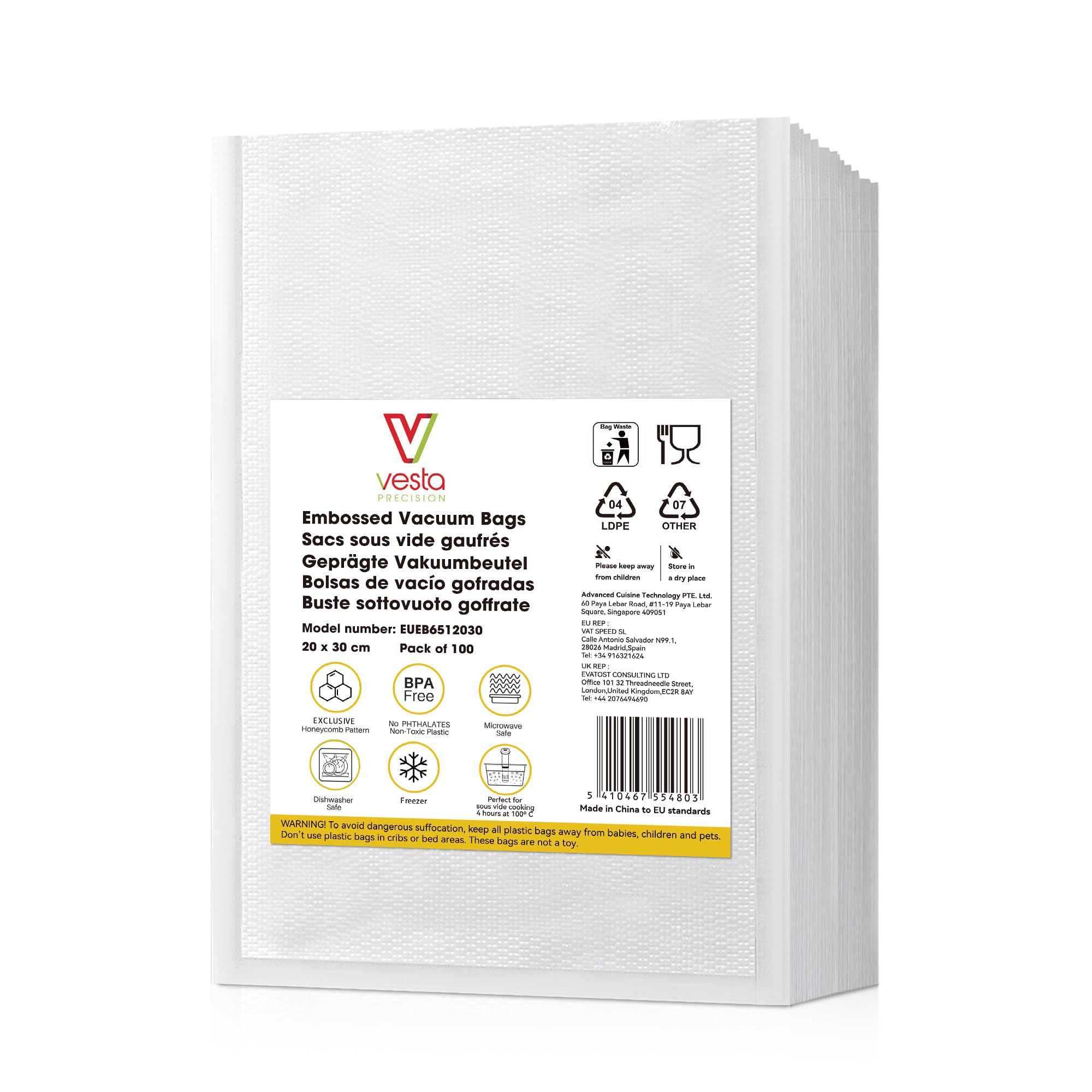 Vesta Precision Vacuum Seal Bags for Cooking and Packaging | 30% Less Plastic, Microwave, Freezer and Sous Vide Safe | 100 Count 20x30cm