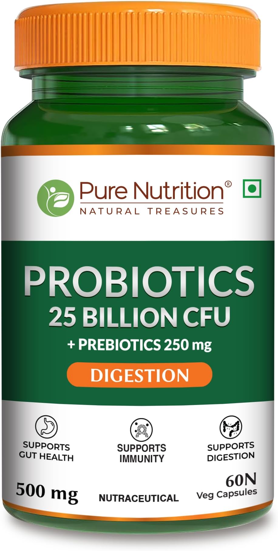 Pure Nutrition Probiotic + Prebiotic, 60 Veg Capsules (500mg) | 25 Billion CFU & 250mg Prebiotics for Men & Women | Improves Gut Health, Helps Digestion, Boosts Immunity & Eases Bloating