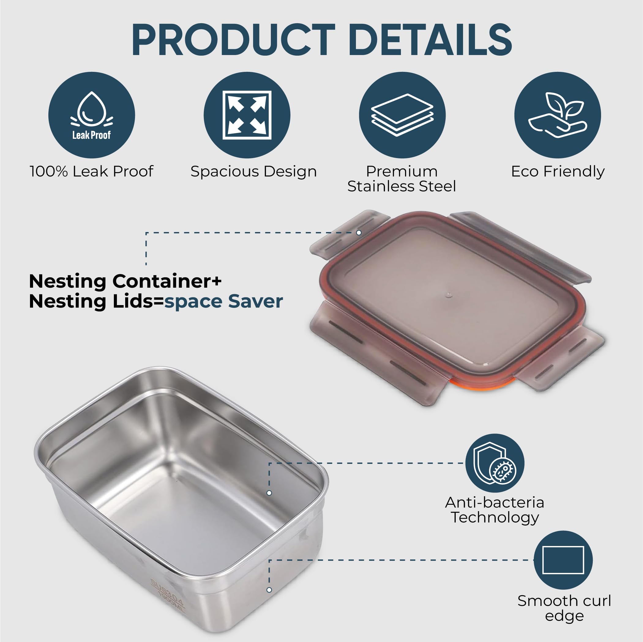 Set 3 Contenitori per Alimenti Ermetici in Acciaio Inox con Coperchio Salvafreschezza (550ml / 1100ml / 1900ml) – Microonde, Lavastoviglie, Freezer, Frigo – Senza BPA, A Prova di Perdite