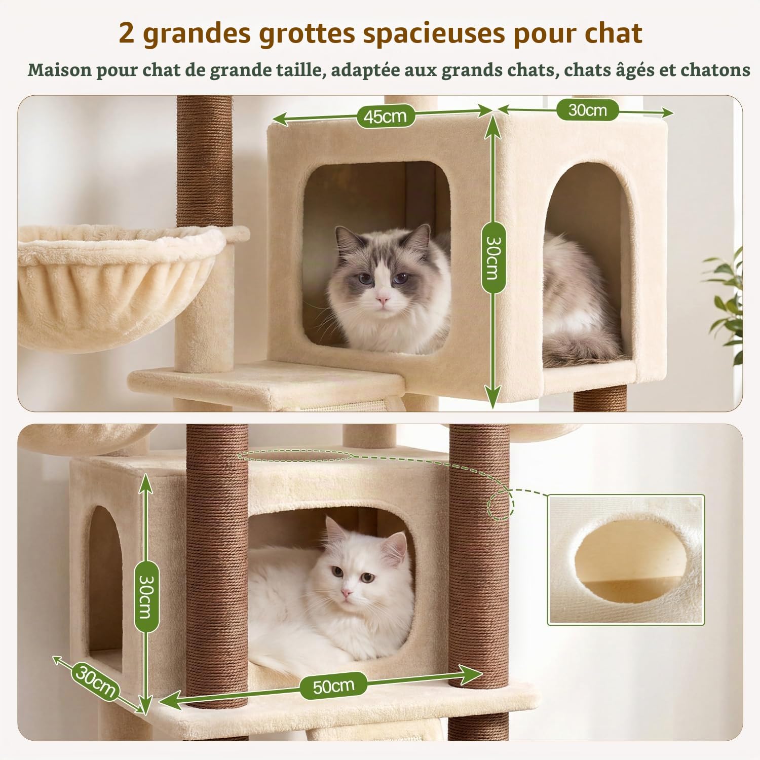 Globlazer F78 Arbre à Chat XXL Beige pour Grand Chats 200 cm Arbre a Chat | Multifonction Stable Arbres à Chat avec 2 Immense Niches, Grand Plateformes 3 Panier Planche Sisal, pour Plusieur Chat Adulte