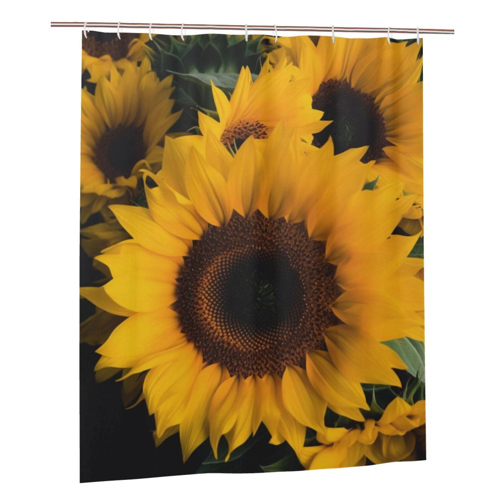 BWWHCCTI Yellow Sunflower Printed Shower Curtain With 12 Plastic Hooks Opaque Quick Drying Waterproof Shower Curtains Sets For Bathroom 152x183 Cm