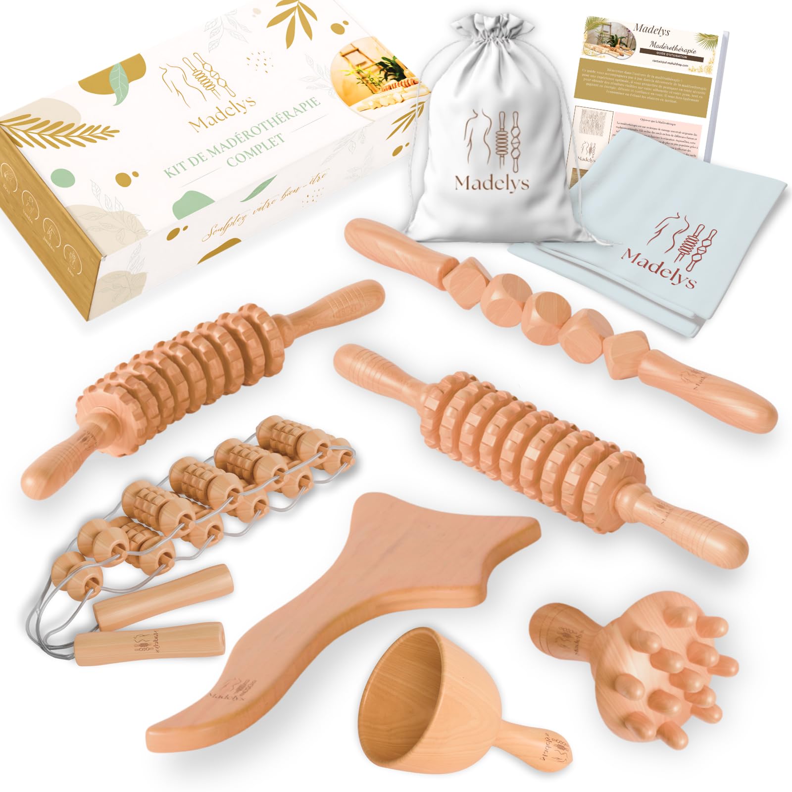 Kit Maderotherapie Complet Corps Cellulite – Outils de Massage en Bois de Hêtre Certifié FSC | Anti-Cellulite, Drainage Lymphatique, Ventre Plat | Wood Therapy Premium MADELYS®
