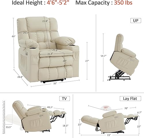 Miniatura 142 de MCombo Silla reclinable eléctrica de doble motor para personas mayores, silla elevadora plana con calor y masaje, portavasos, puertos USB, piel