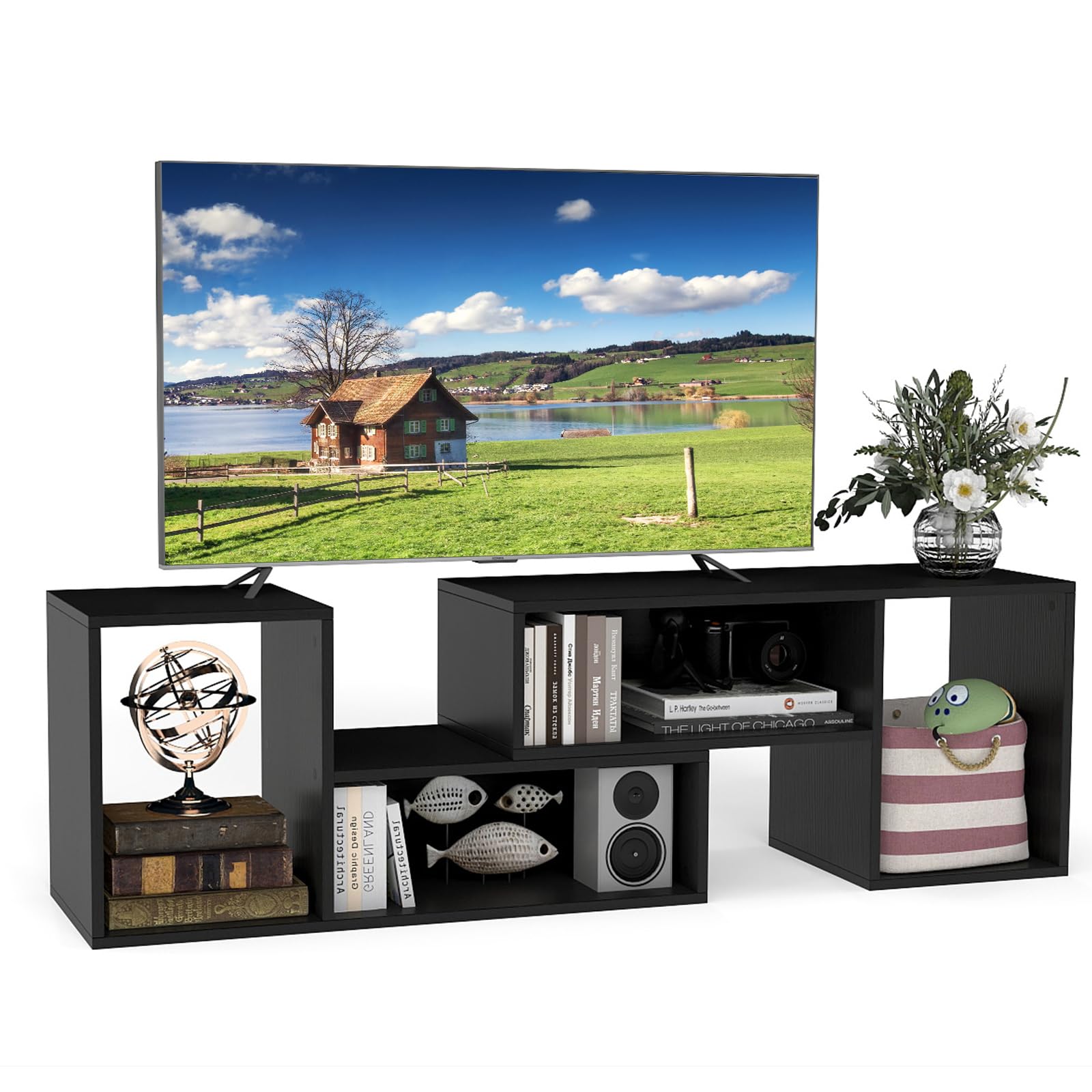 GIANTEX Mobile per TV, combinabile, in legno, 2 pezzi, per TV fino a 60 pollici, scaffale angolare multifunzionale, colore nero