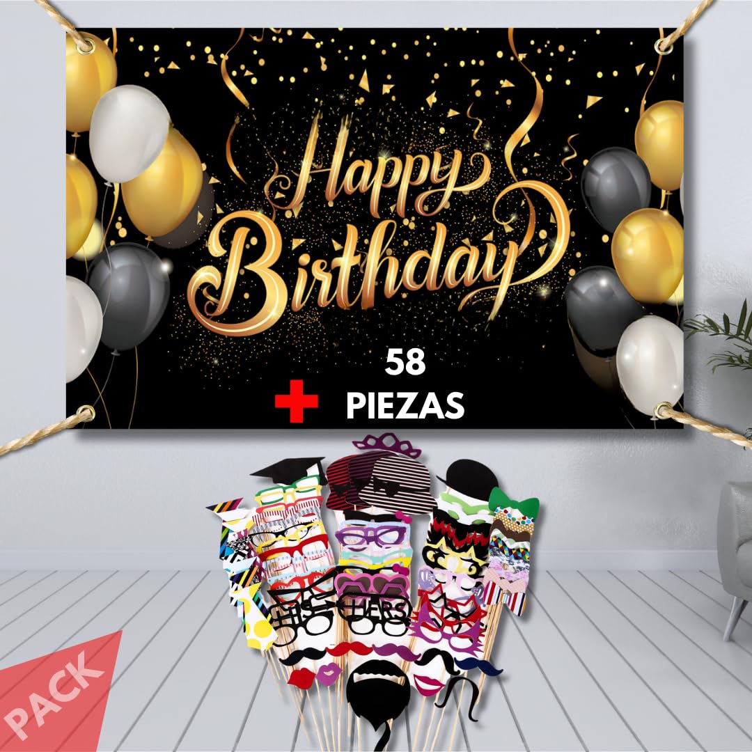 (Pack) Photocall para cumpleaños Pared 110x180 cm + 58 Piezas de Fiesta fotoprops, Ideal para cumpleaños y Todo Tipo de Celebraciones. Fotocall de 110x180cm