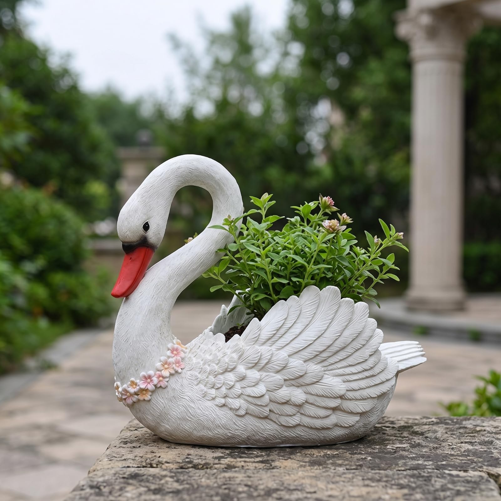 Schwanenfigur mit Pflanzschale Stabil Schwanen-Blumentopf Gartenfigur Schwanen- für Gartenliebhaber, Balkon
