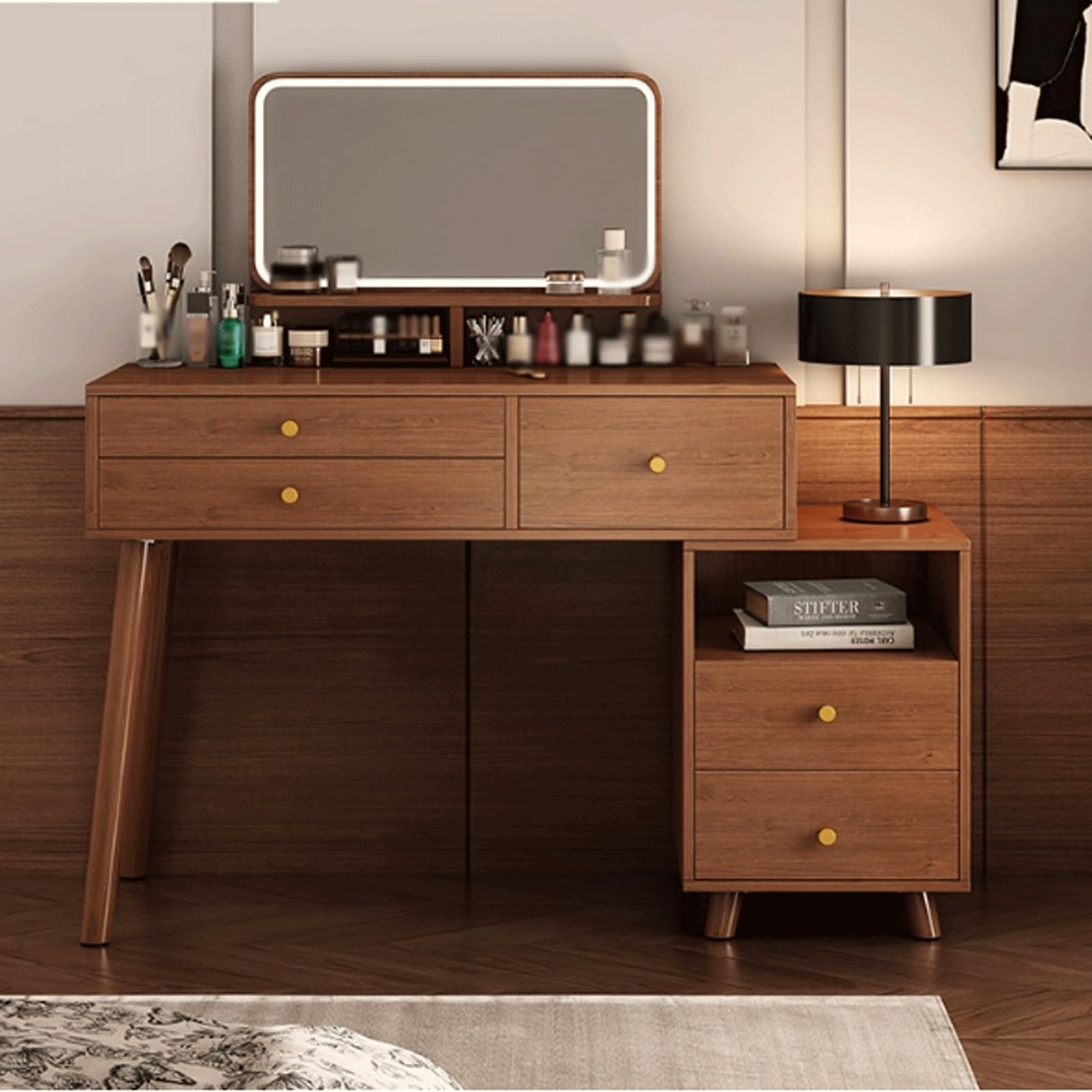 Vani Dewith Spiegel & Lichter - Schminktisch aus Walnuss mit 2 Ders & Schrank für Schlafzimmer & Ankleidezimmer - Slish Schminktisch für Make-up & Pflege