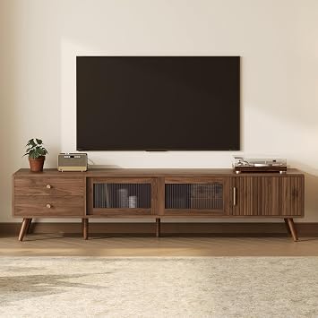 76 Inch Entertainment Center for TVs up to 85 Inch, Extra Long Wood Grain TV Stand with Waveform Glass Doors, Large Media Console Table with Soft-Close Cabinets and Deep Drawers