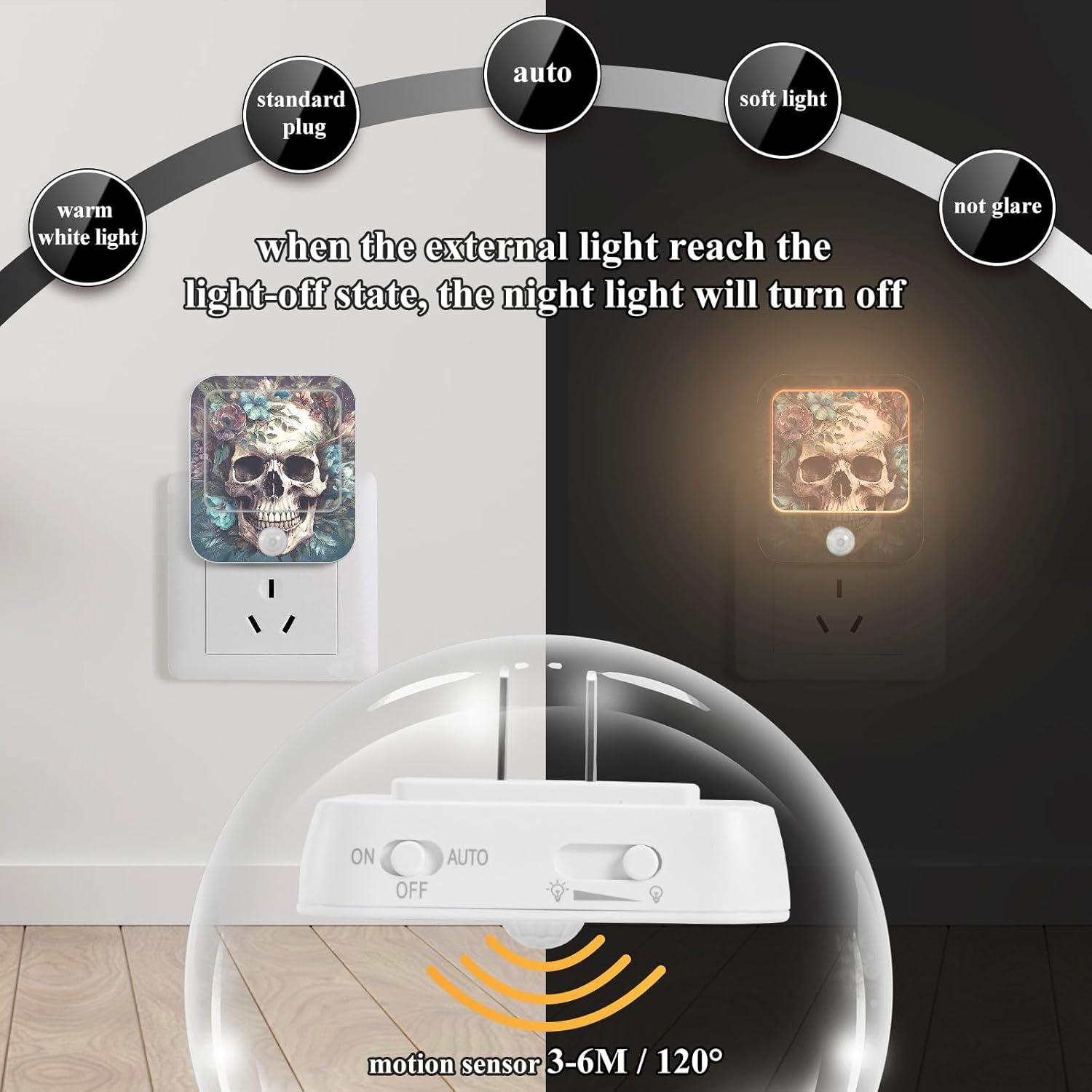 Night Lights Plug into Wall - Portrait Skull Flower, 2 Packs Motion Sensor & Dusk to Dawn Sensor Dimmable Sleep Friendly Decorative Night Lamp