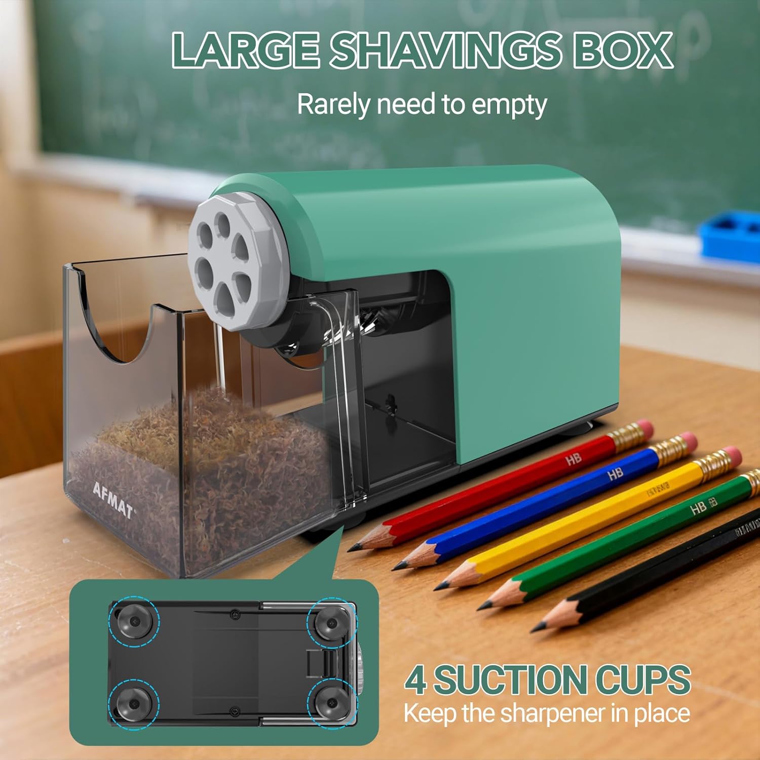 AFMAT Electric Pencil Sharpener with large shavings box and four suction cups on the bottom.