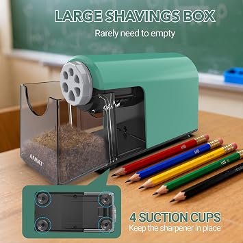 AFMAT Electric Pencil Sharpener, 6 Holes Fast Sharpening for 10000 Times,6-11mm Pencil & Colored Pencils Sharpeners, Auto-Stop,Heavy Duty USB Large Pencil Sharpener for Artists,Teacher,Green,PSD2