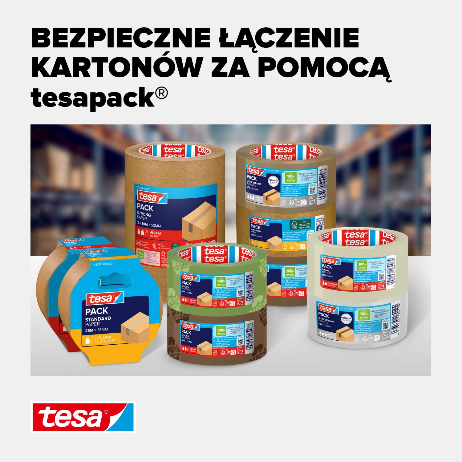 tesapack eco & ultra strong taśma do paczek - taśma samoprzylepna z materiału pochodzącego z recyklingu - bezpiecznie zakleja paczki o wadze do 30 kg - 1 rolka 50 m x 50 mm