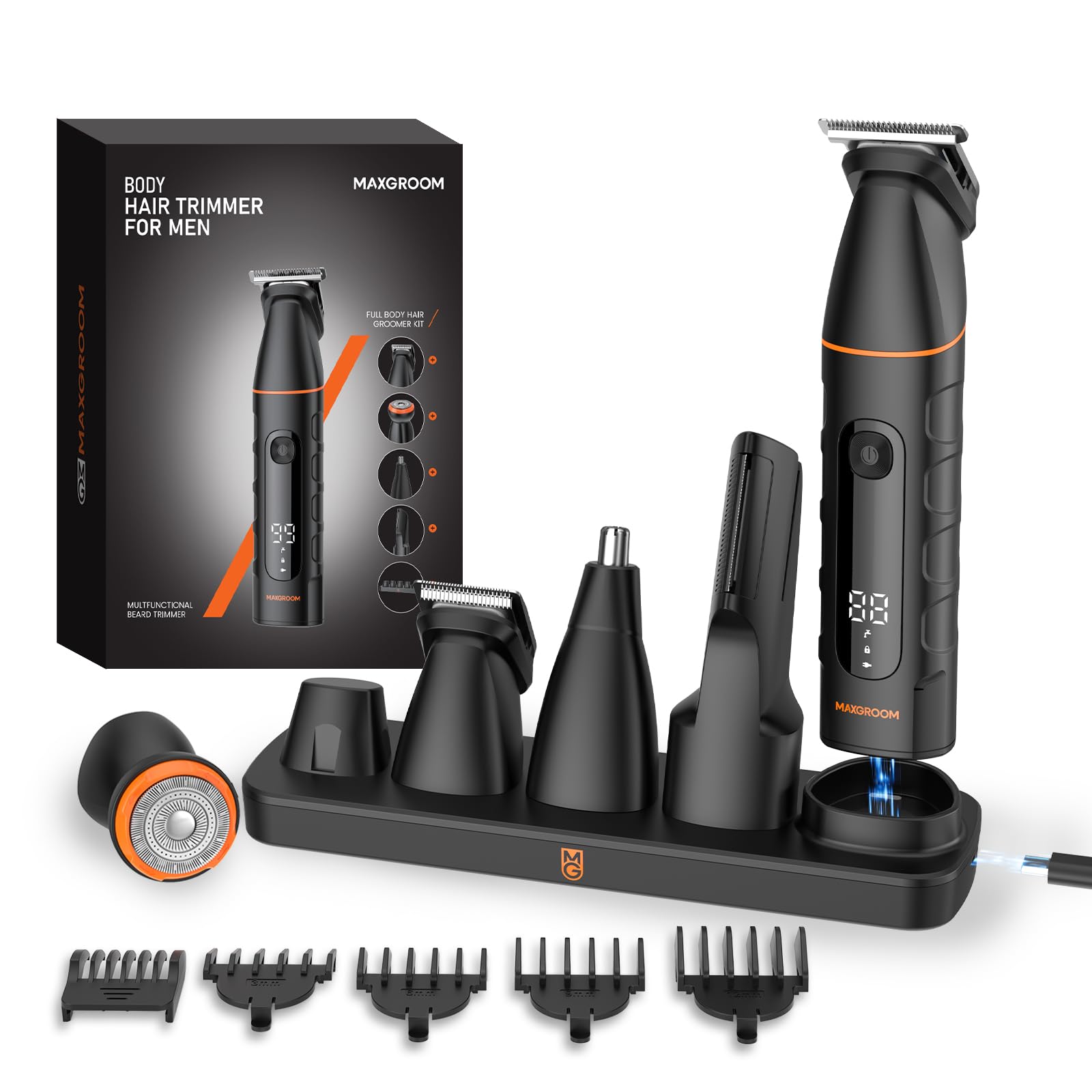 MAXGROOM Afeitadora Corporal Masculina 5 en 1, IPX6 Depiladora Corporal Hombre, Apto para Nariz, Barba, Cabello y Zonas íntimas, Cabezal de cuchilla magnético reemplazable, Fácil de limpiar