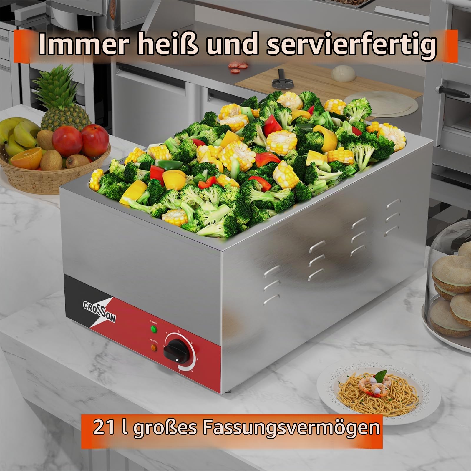 CROSSON Gastronorm Bain Marie Electric,Profi Gastro Speisewärmer,bain Marie für soßen,passend für GN 1/1 Gastronorm-Behälter,230V/1200W,Wasserbad Temperatur einstellbar von 35-85 °C