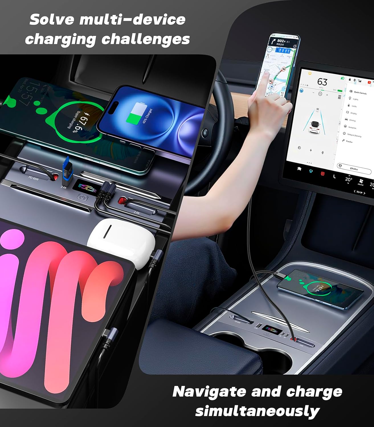 65W Fast Charging Docking Station for Tesla Model 3/Y, 5-in-1 Hub with Retractable USB-C & Lightning Cables, Center Console Organizer with 2 USB-C & 1 USB-A Ports, Fits 2023-2025 Highland