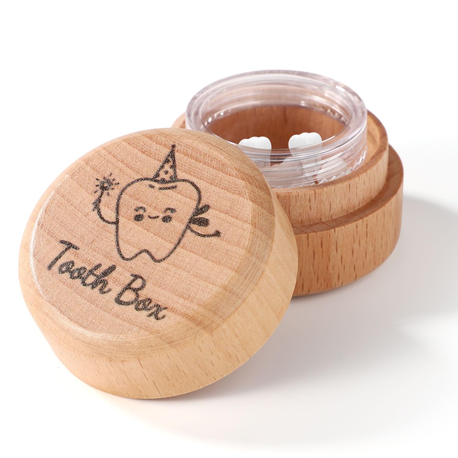 Wooden Tooth Storage Box with Clear Cover Cute Baby Keepsake Holder for Lost Teeth Fairy Gift for Boys and Girls