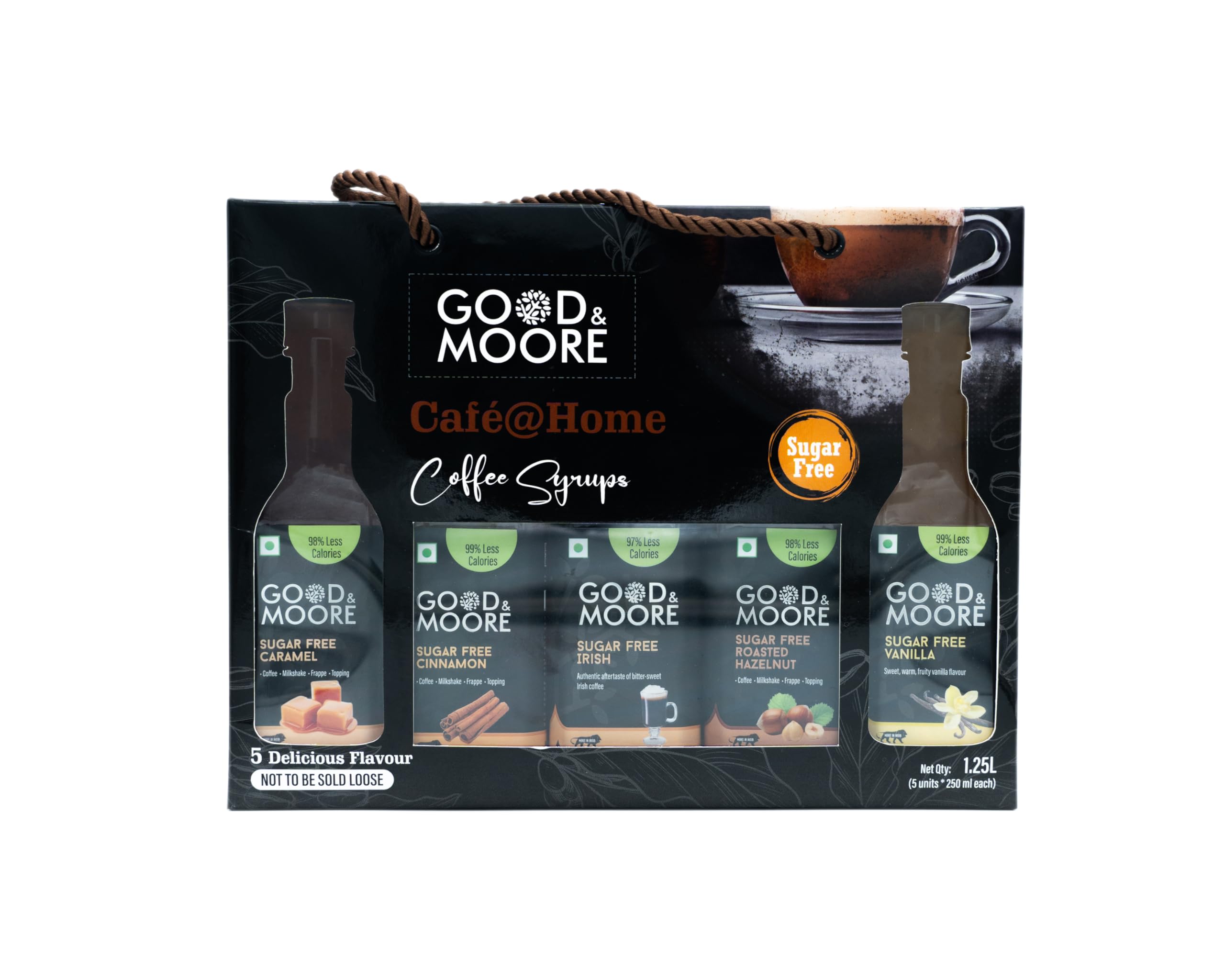 GOOD&MOORE Sugar free Coffee Syrup Gift Pack | 5 Delicious Flavors | Ideal for Corporate Gifts, Diwali, Christmas, New Year, Festivals, Celebrations | Flavors - Roasted Hazelnut, Caramel, Vanilla, Irish, Cinnamon | 250x5 (B0CJYBB9HZ) Amazon Price History, Amazon Price Tracker