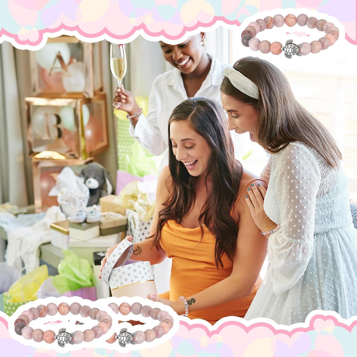 Yinkin 12 Sets Pink Sea Turtle Bracelet for Women Included Bulk Natural Stone Beads Bracelet with Travel Turtle Card Mesh Bag Pink Charm Jewelry for Inspirational Positive Good Luck Gifts - Image 4