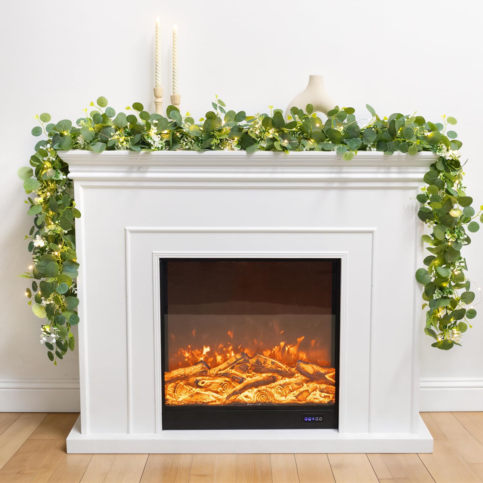 N&T NIETING Artificial Eucalyptus Garland, 4Pcs Greenery Vines Garland with LED Light and White Flowers, 6Ft Fake Hanging Greenery Plant for Wedding Arch Backdrop Table Indoor Outdoor Home Decor