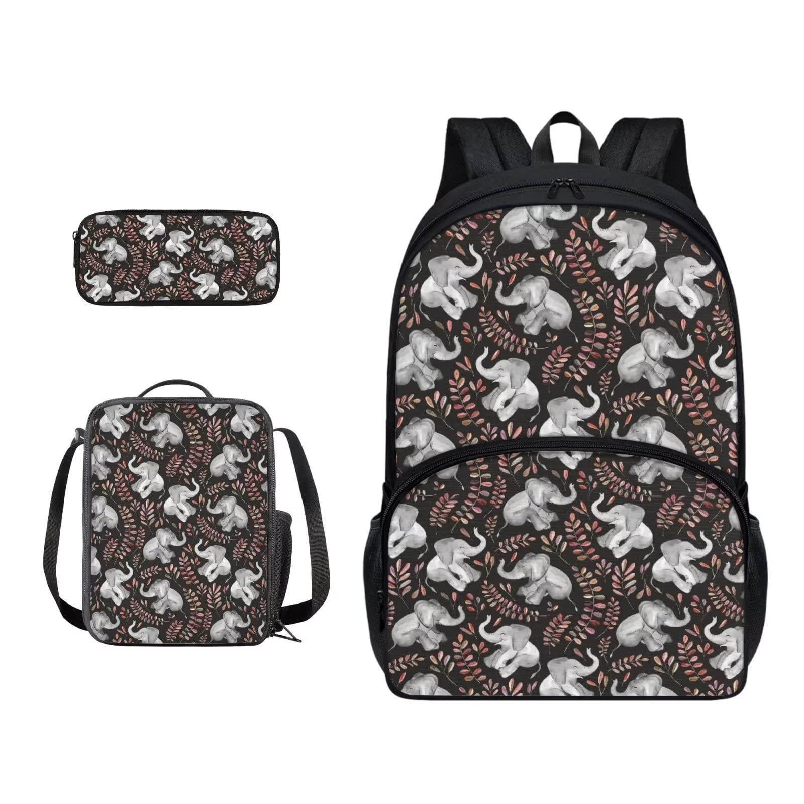 Poceacles Schultasche und Lunchbox-Set für Teenager, Jungen, Grundschule, Büchertasche, Federmäppchen für Grundschulkinder, Elefantenblatt, Einheitsgröße
