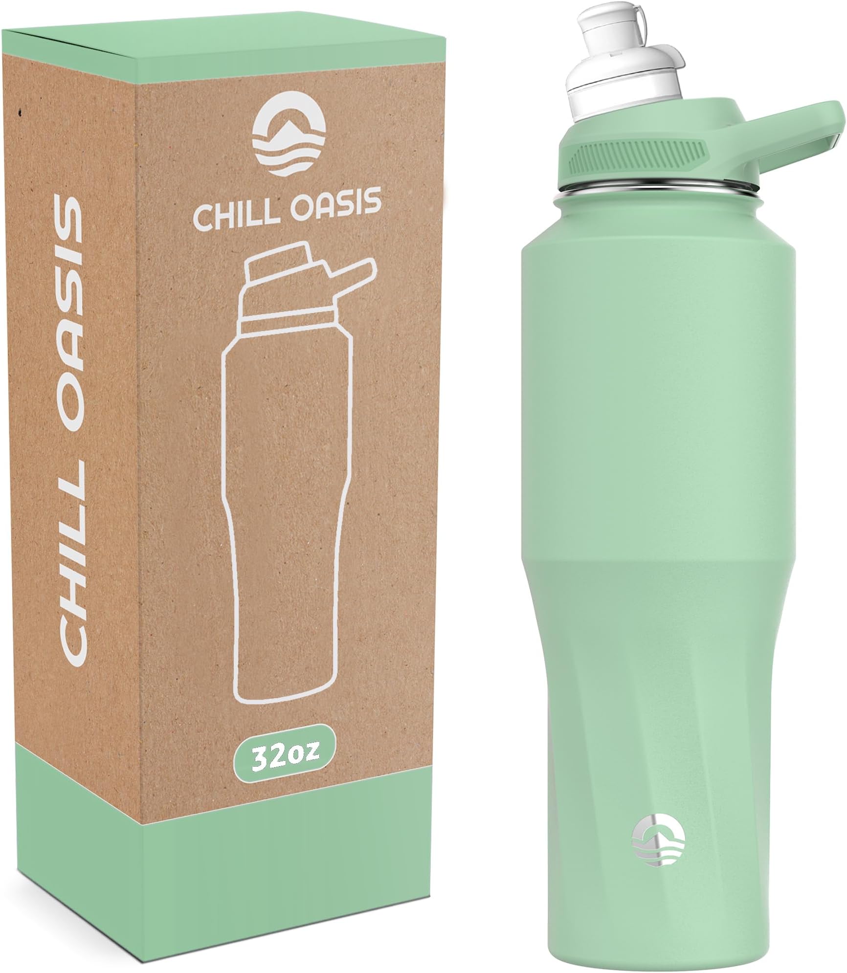 Chill Oasis Water Bottle | Compatible With Popular Flavor Cartridges | BPA Free, Leak Proof, Double-Walled Vacuum Insulated Stainless Steel, and Dishwasher Safe | Cold for 24 Hours (Sage, 32oz)