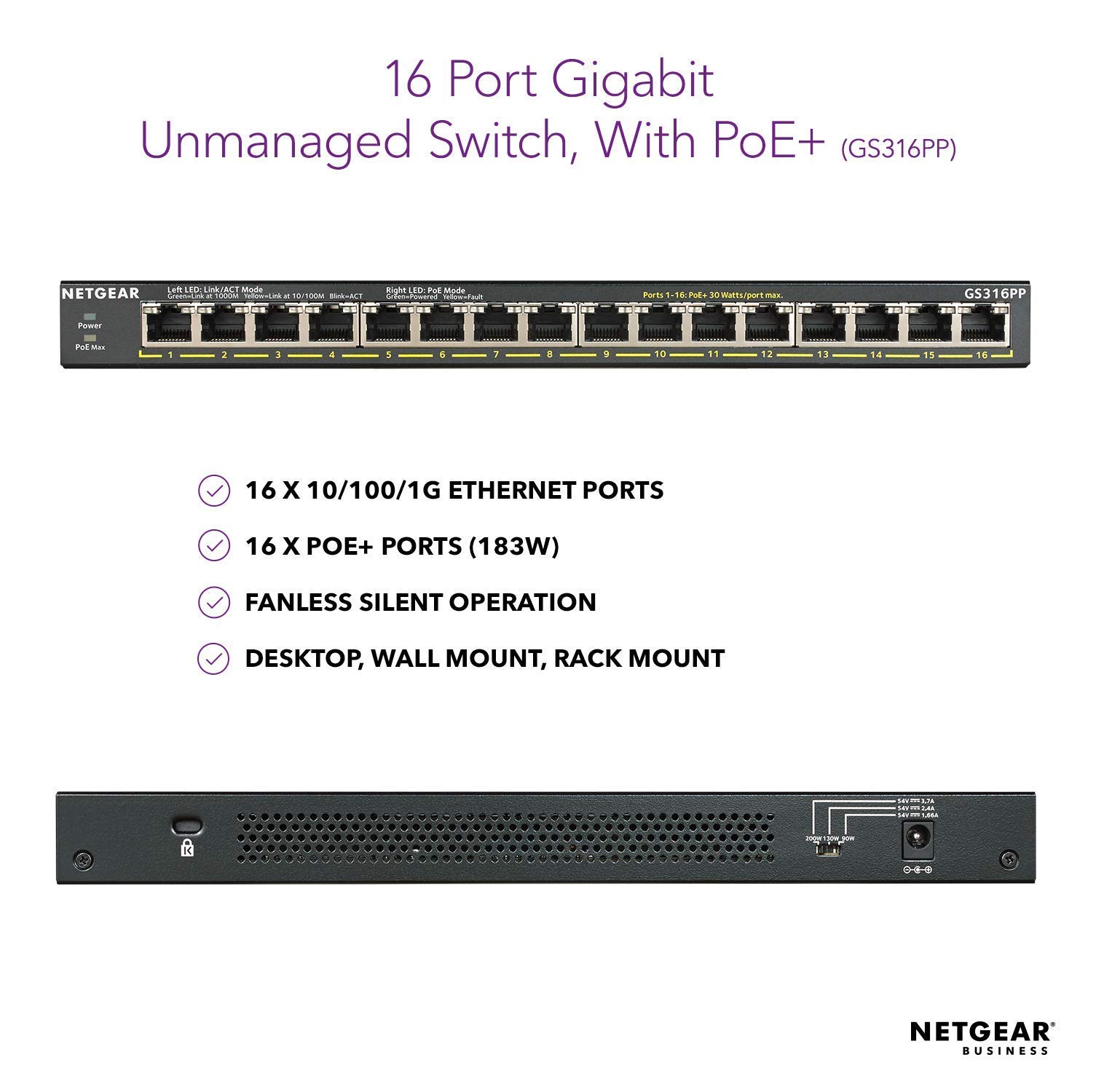 Amazon.com: NETGEAR 16-Port Gigabit Ethernet Unmanaged PoE+ Switch